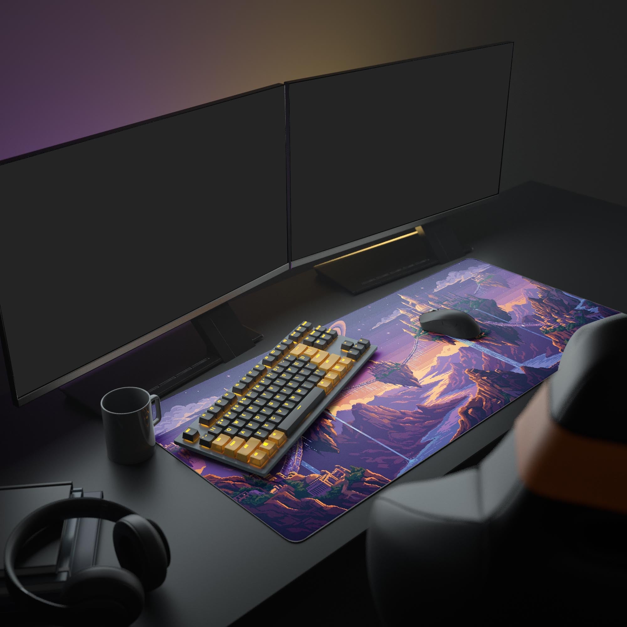 A cozy gaming setup featuring the Celestial Pixel Isles mouse pad, its fantasy landscape design adding a dreamy, aesthetic touch to the desk environment. - Epic Design Pads & Mousepads