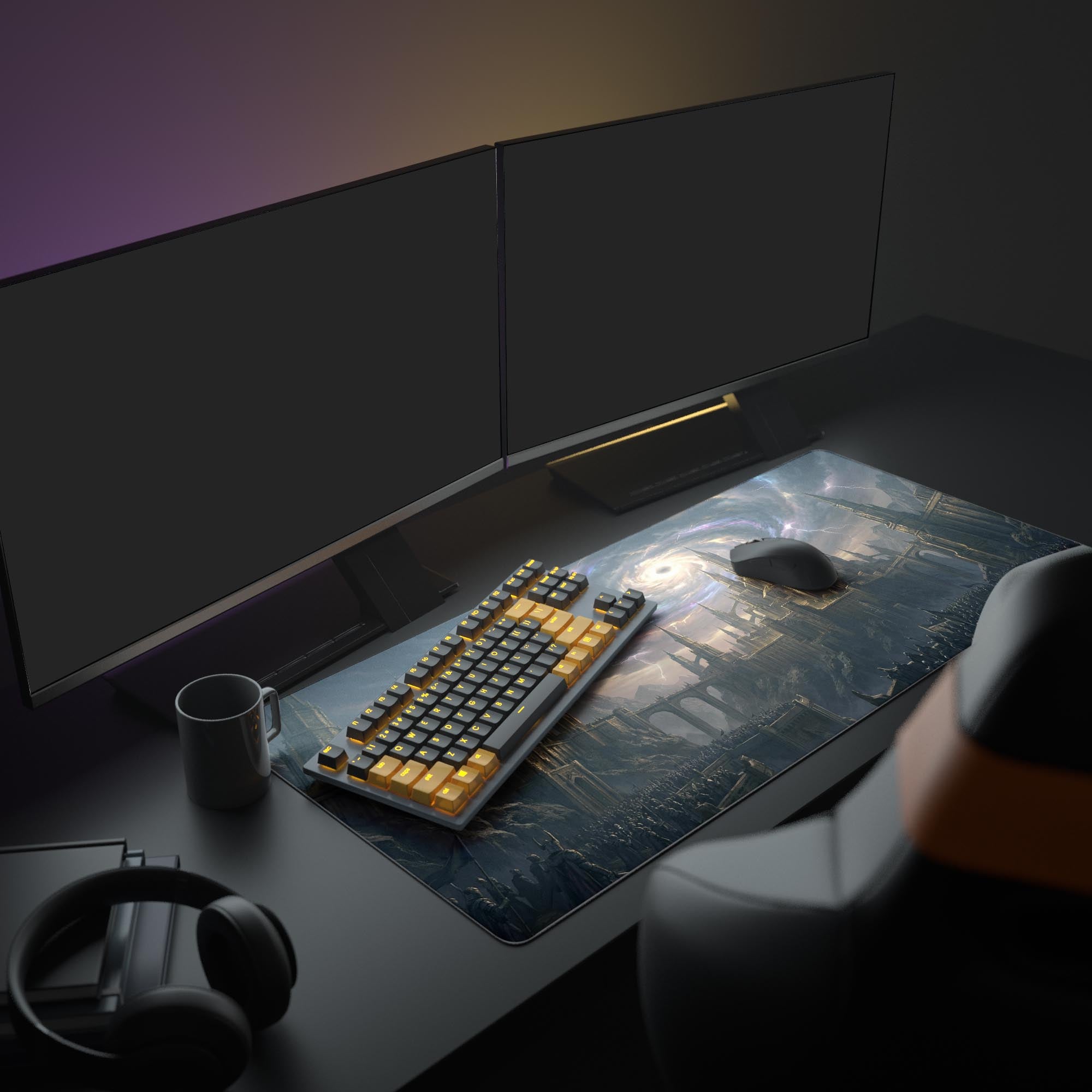 The Celestial Siege fantasy mouse pad as the centerpiece of a gaming setup, with glowing keyboards and multiple monitors creating an immersive dark academia-themed battle station. - Epic Design Pads & Mousepads