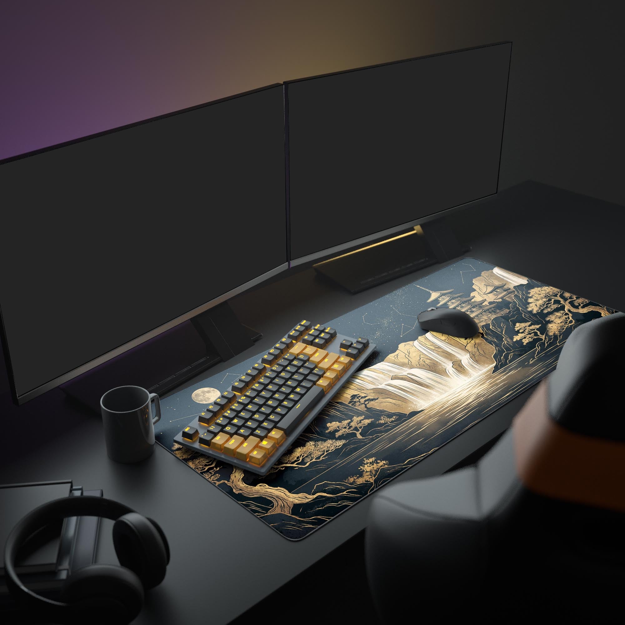 A full gaming setup featuring the Celestial Temple mouse pad, which displays a serene Japanese temple and waterfall design under two large monitors and an illuminated keyboard. - Epic Design Pads & Mousepads