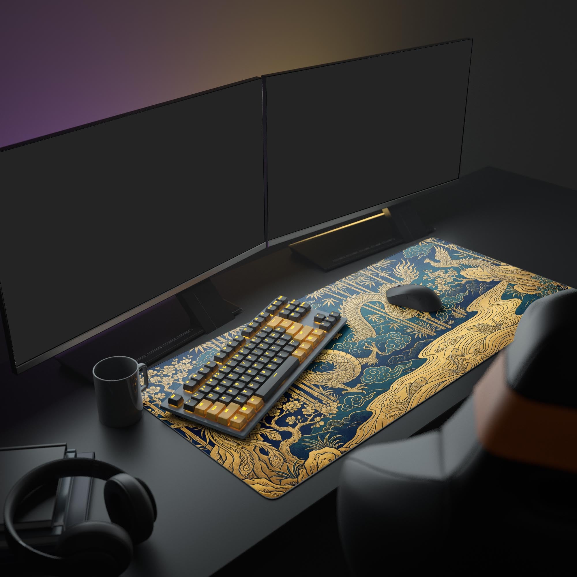 A full gaming PC setup featuring the blue and gold Celestial Union mouse pad, which complements the modern keyboard and multiple monitors for an epic workspace. - Epic Design Pads & Mousepads