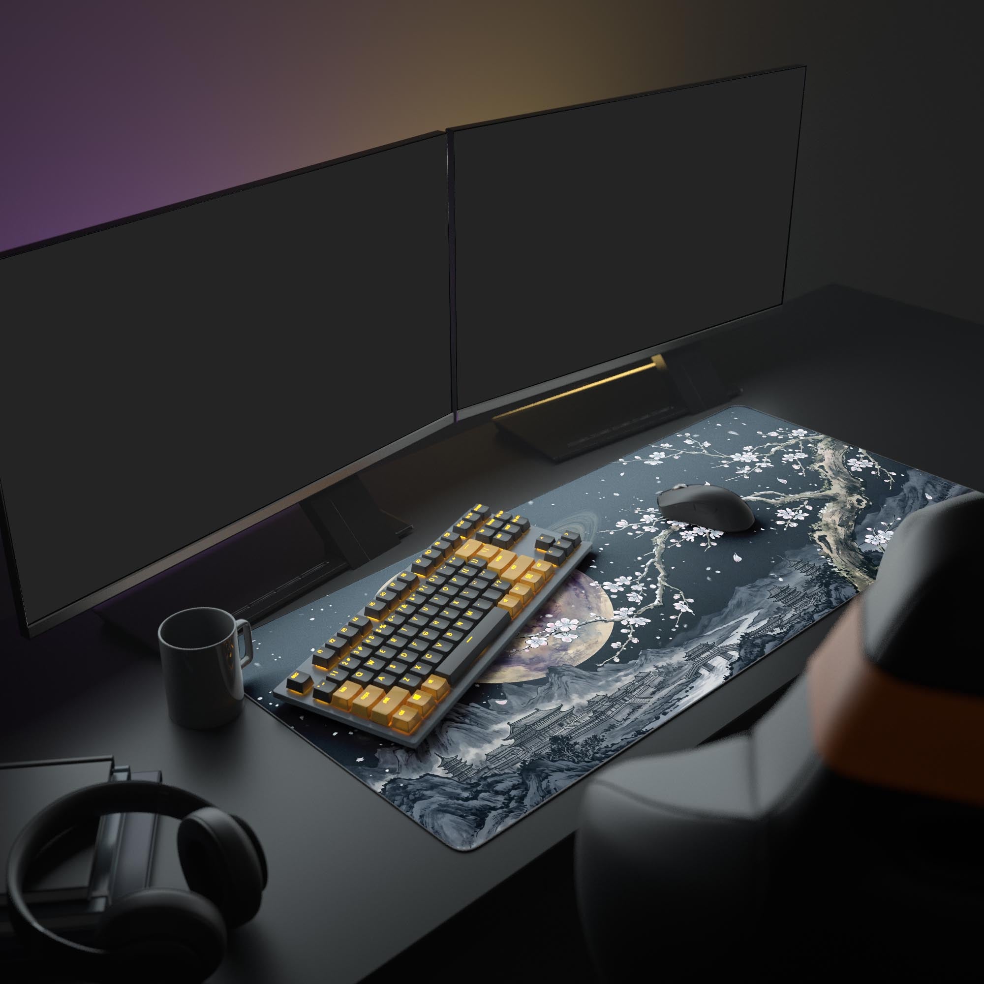 Close up of the delicate pink cherry blossoms and ringed moon against a starry black night sky on the premium mouse pad surface.