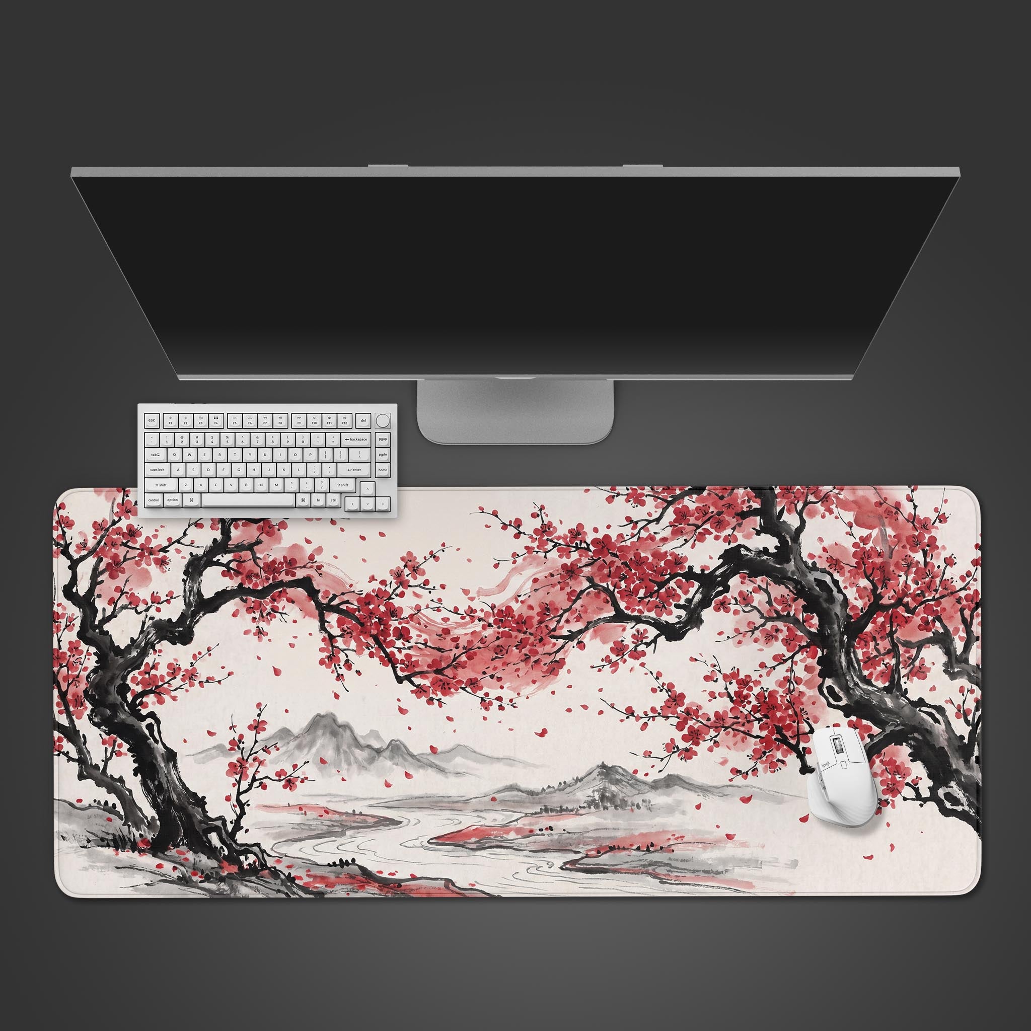 Crimson Canopy cherry blossom ink wash desk mat top view