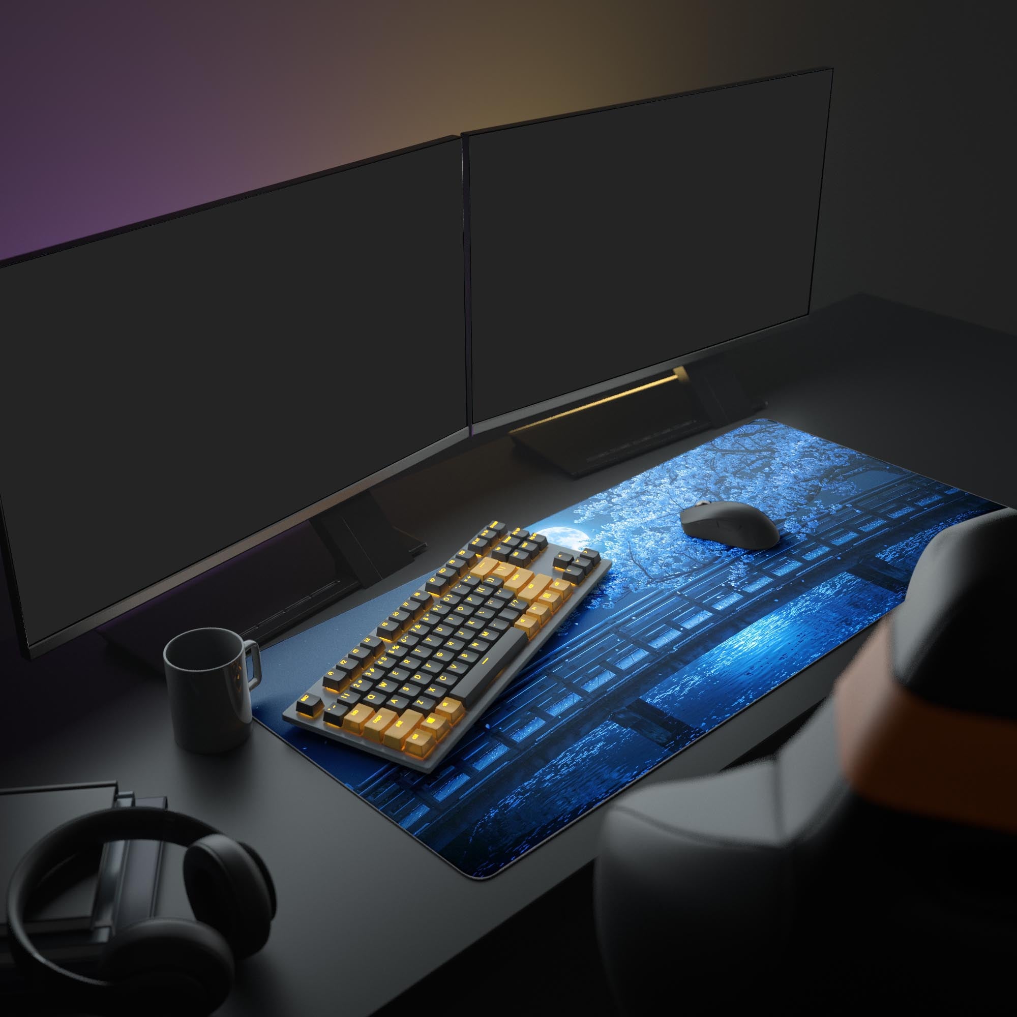 Close up view of the blue glowing cherry blossoms and bright full moon on the desk mat design.