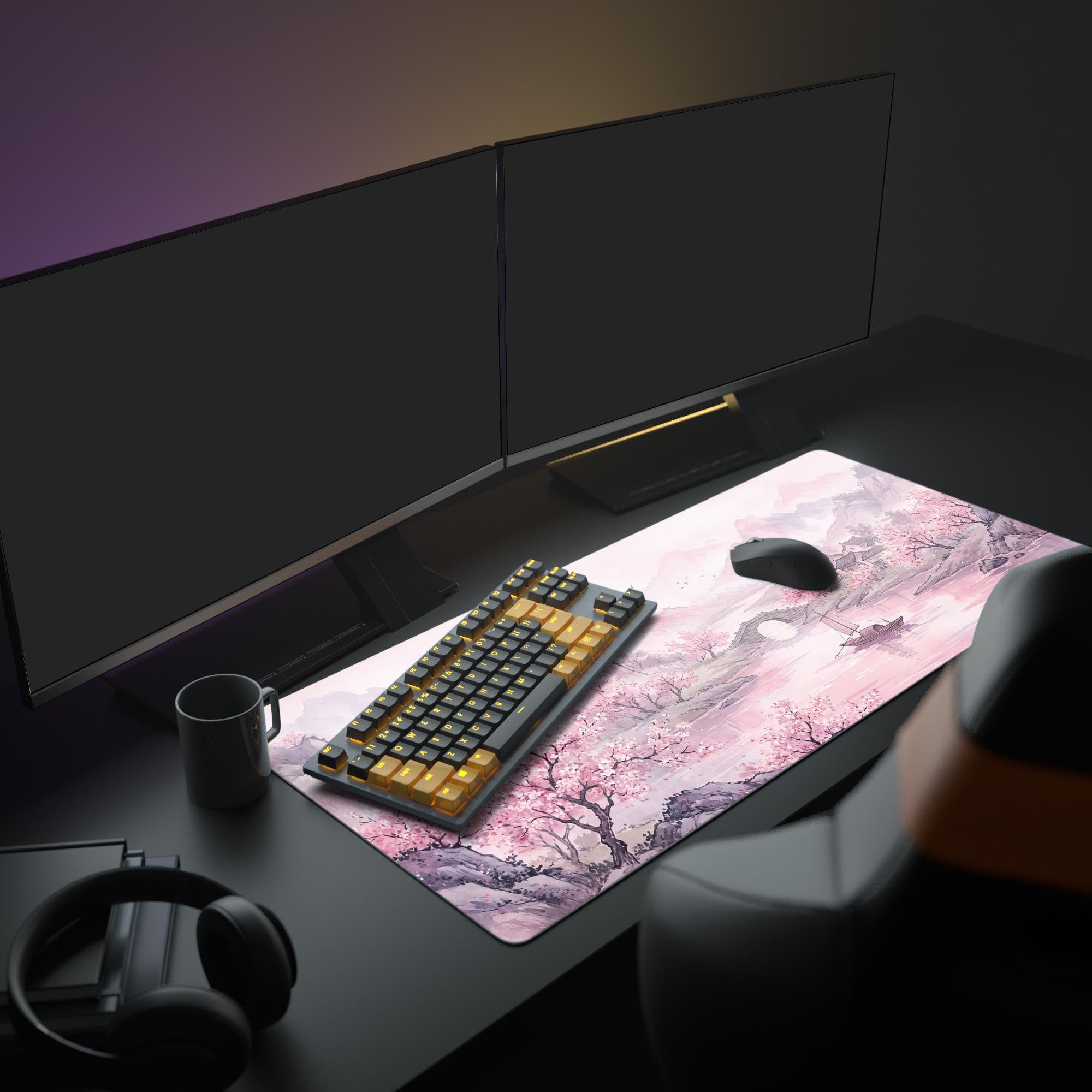 Close-up of the smooth, waterproof surface of the pink blossom river mouse pad.