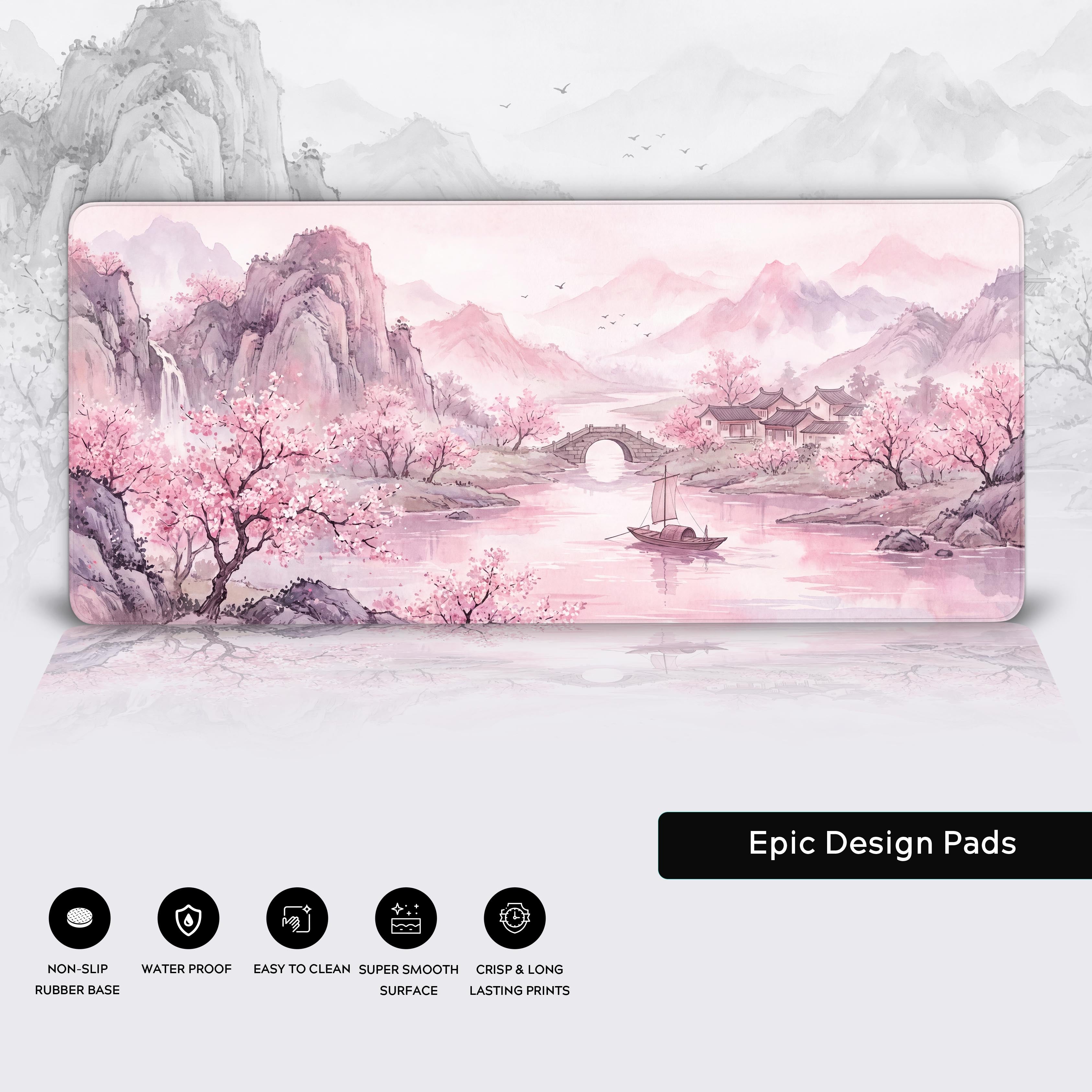 Icons showing desk mat features: non-slip rubber base, water-proof, easy to clean, and crisp prints.