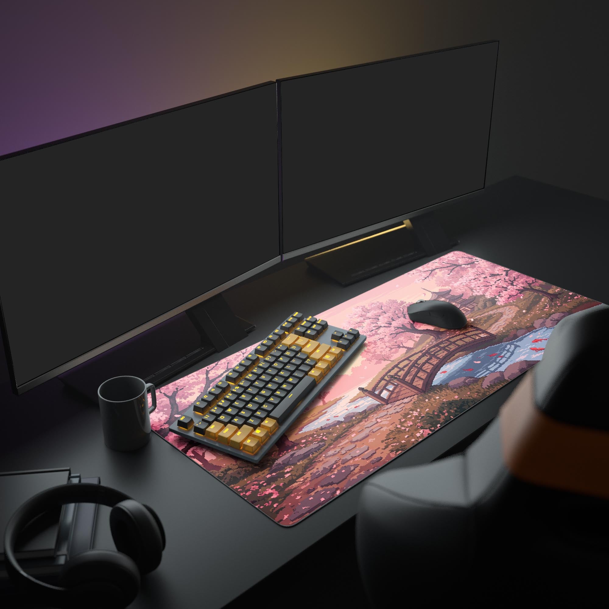 Close-up view of the pixelated cherry blossom trees and traditional Japanese pagoda on the pink desk mat design.