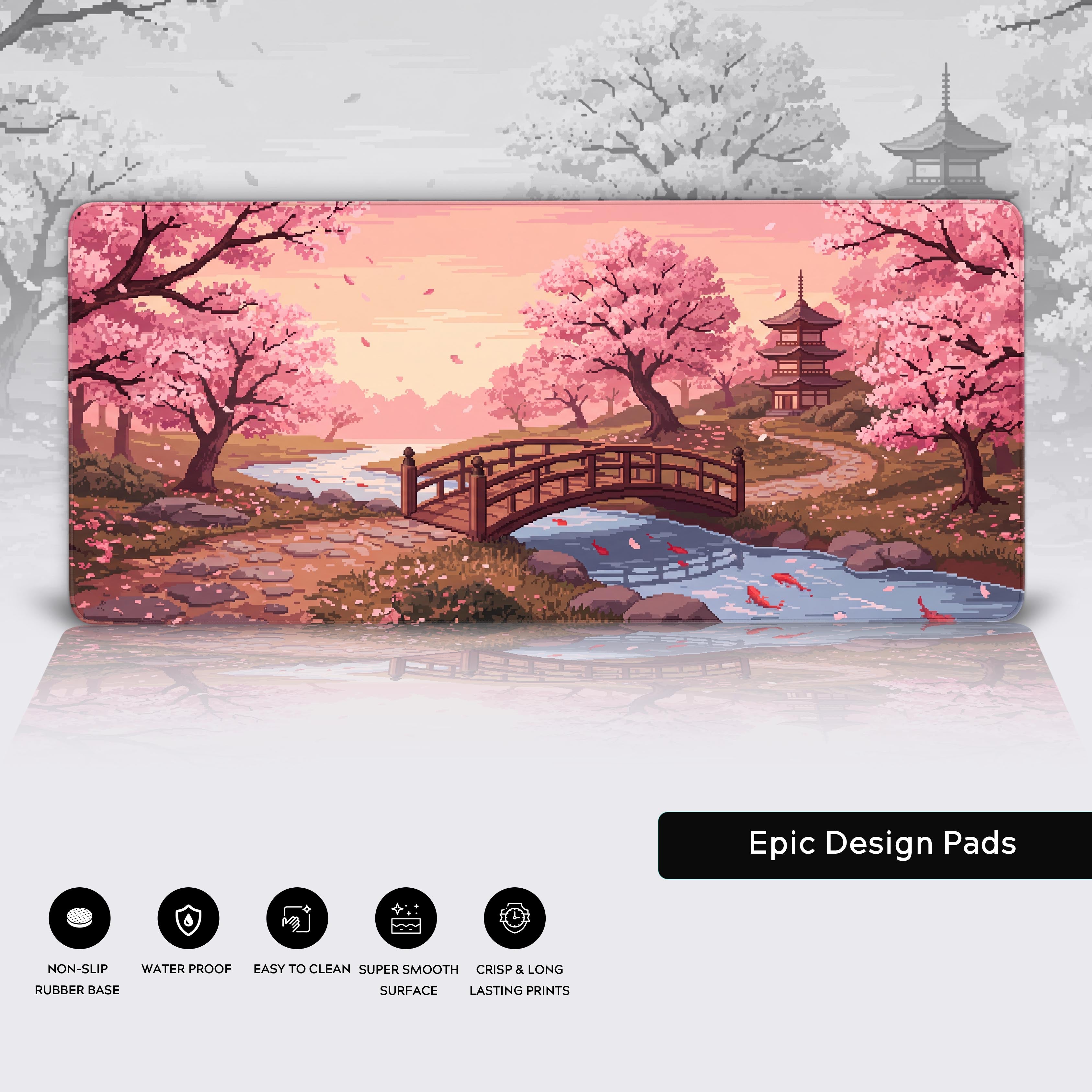 Full view of the pixel art spring garden desk mat showcasing the relaxing lo-fi aesthetic with feature icons at the bottom.