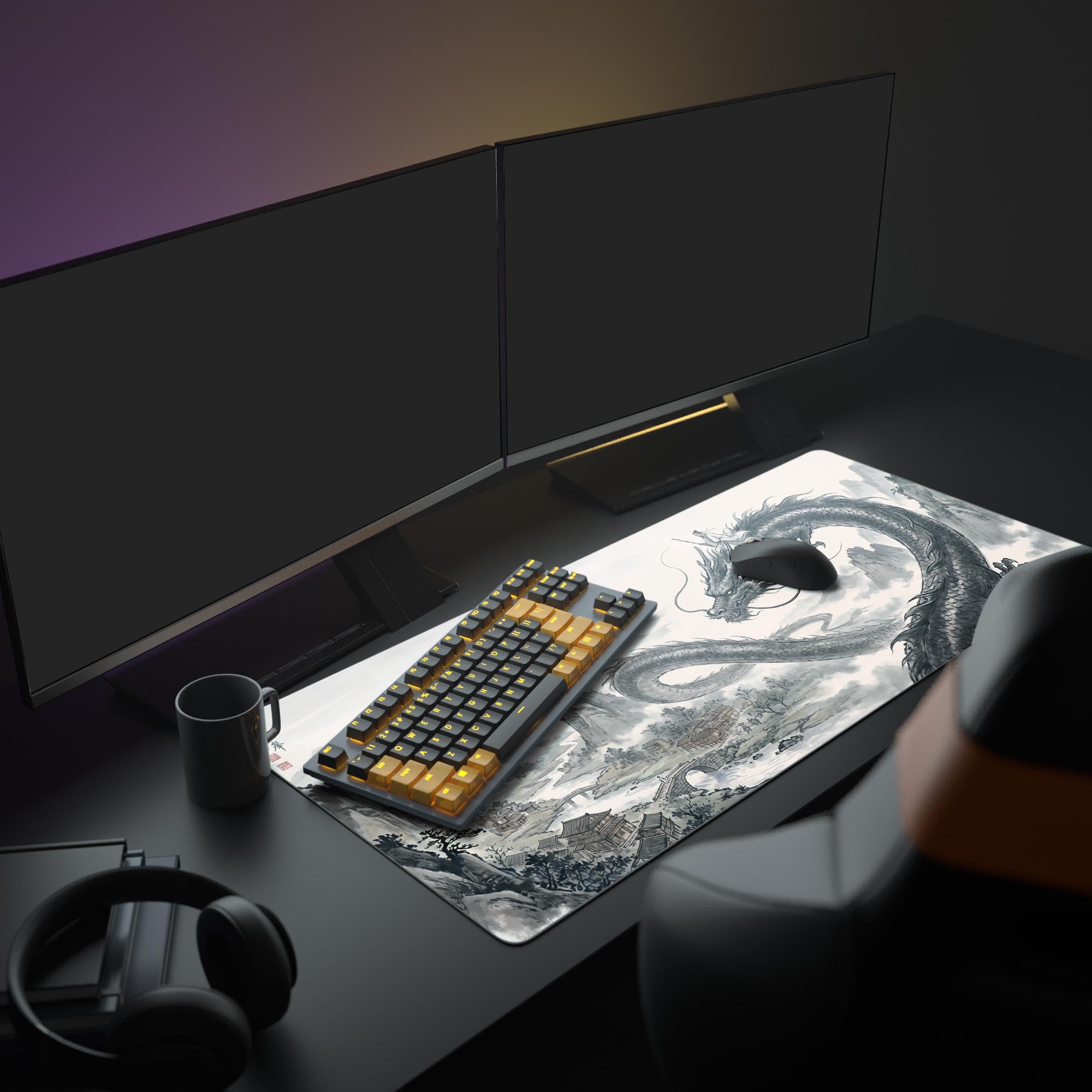 Close up of the detailed ink wash Chinese dragon and sage rider on a smooth gaming mouse pad surface.