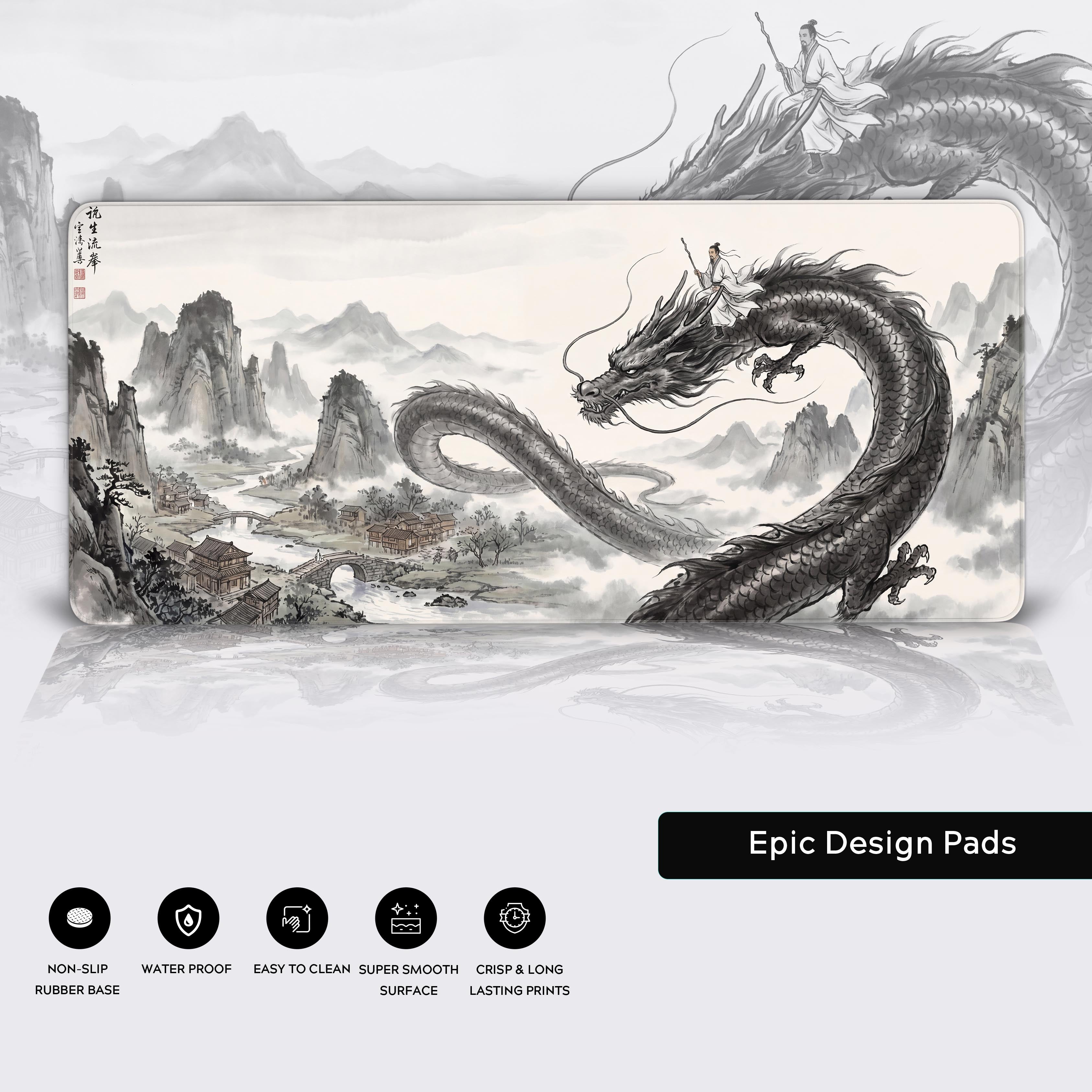 Epic Design Pads graphic highlighting waterproof, non-slip, and easy-to-clean features of the ink wash dragon desk mat.
