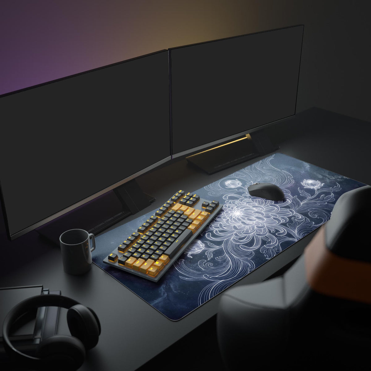 Close-up view of the intricate white floral linework and deep purple space texture on the desk mat design.