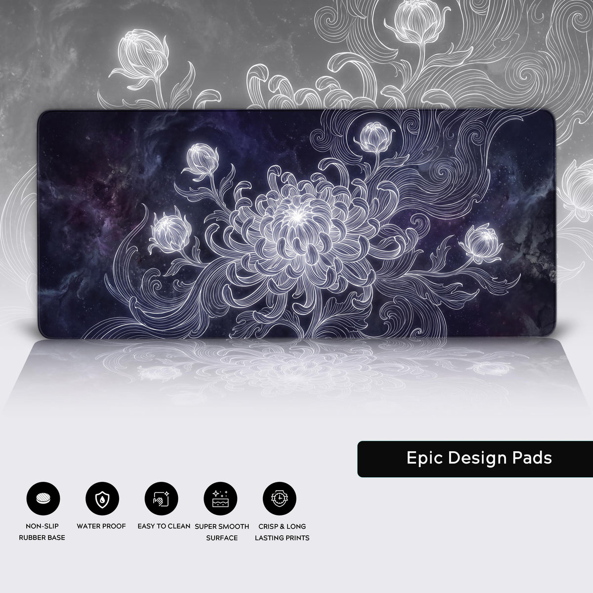 The complete celestial chrysanthemum desk mat design highlighting the ethereal dark space aesthetic.