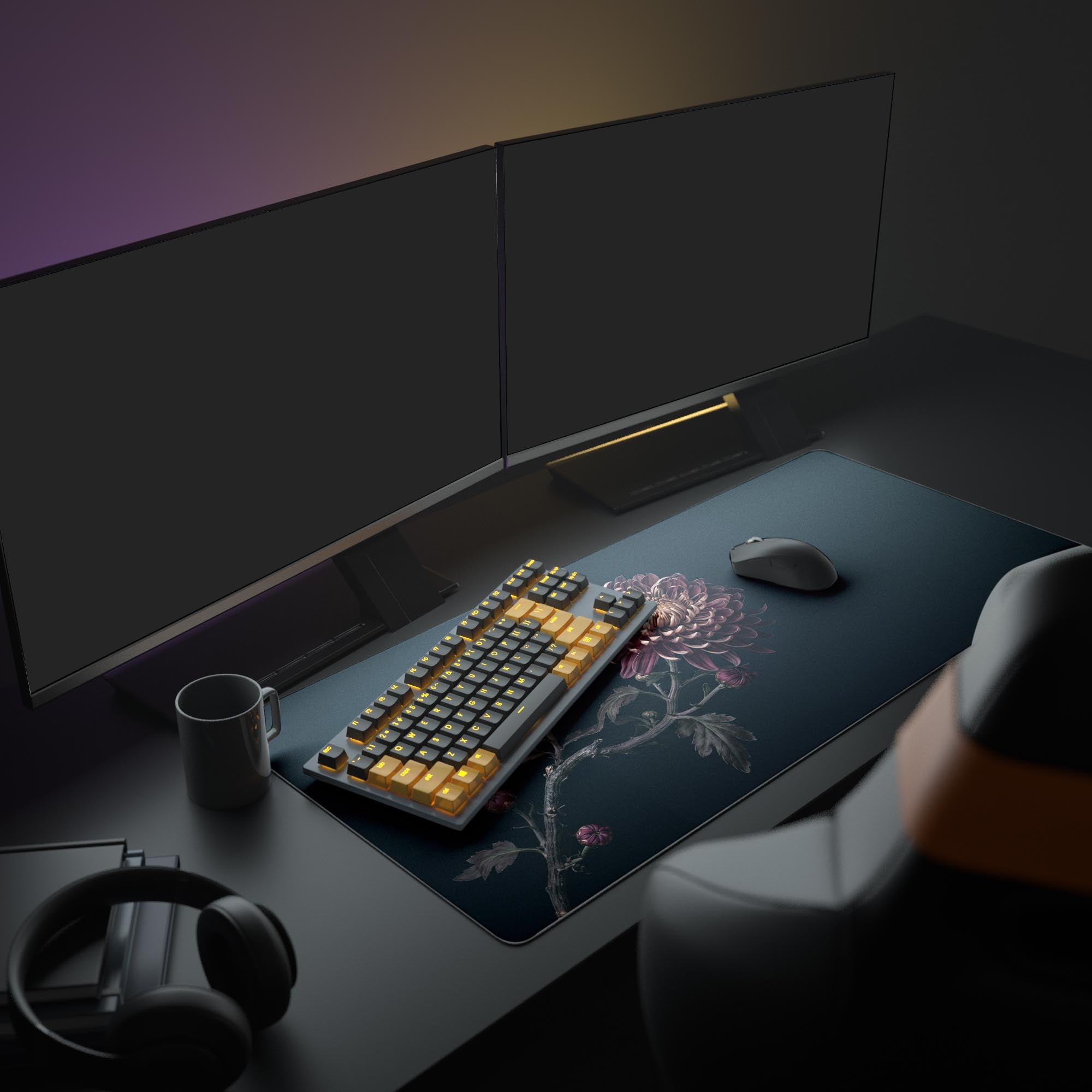Close up of the realistic crimson chrysanthemum flower design on a smooth gaming mouse pad