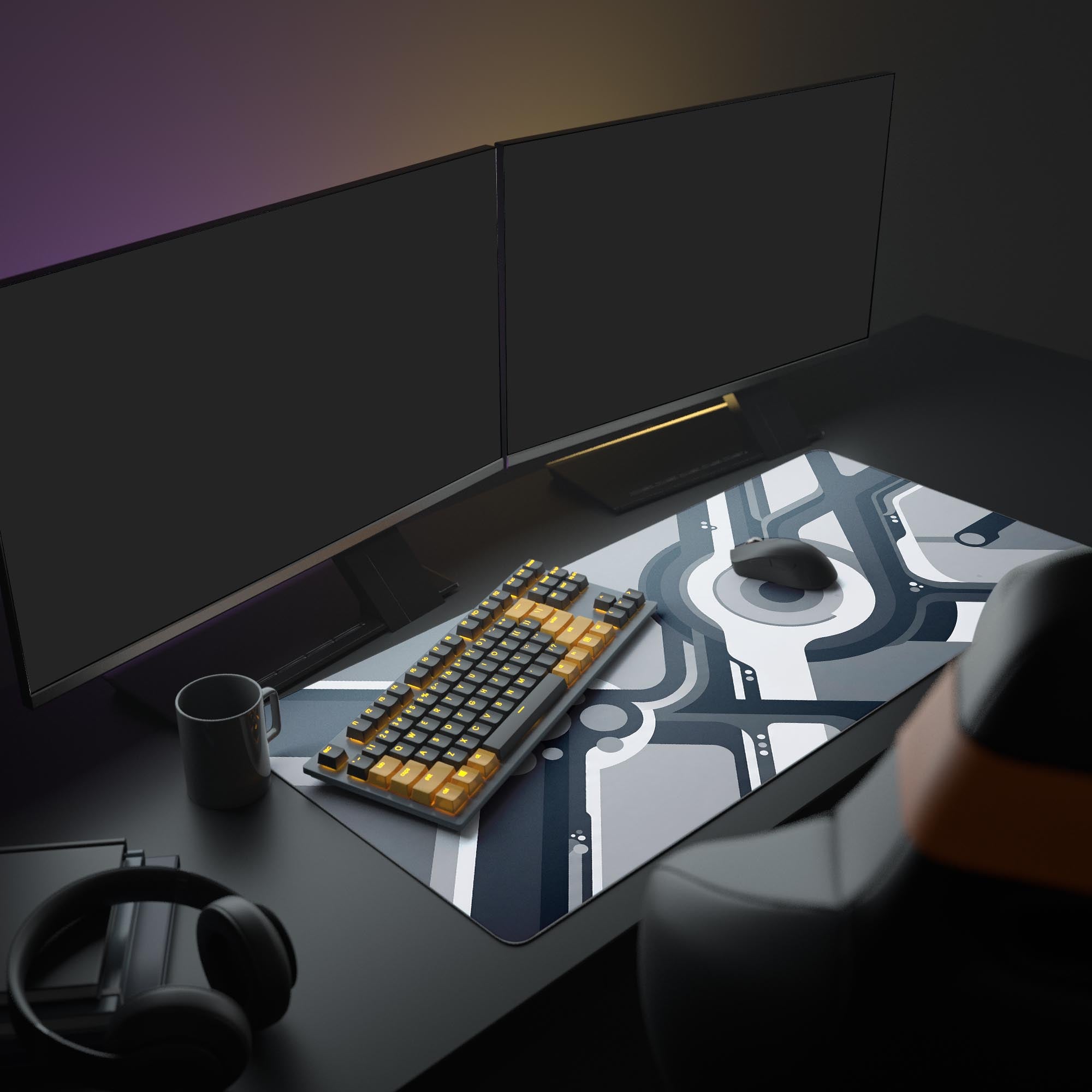 Close-up of the sleek geometric lines and circles on the minimalist mouse pad.