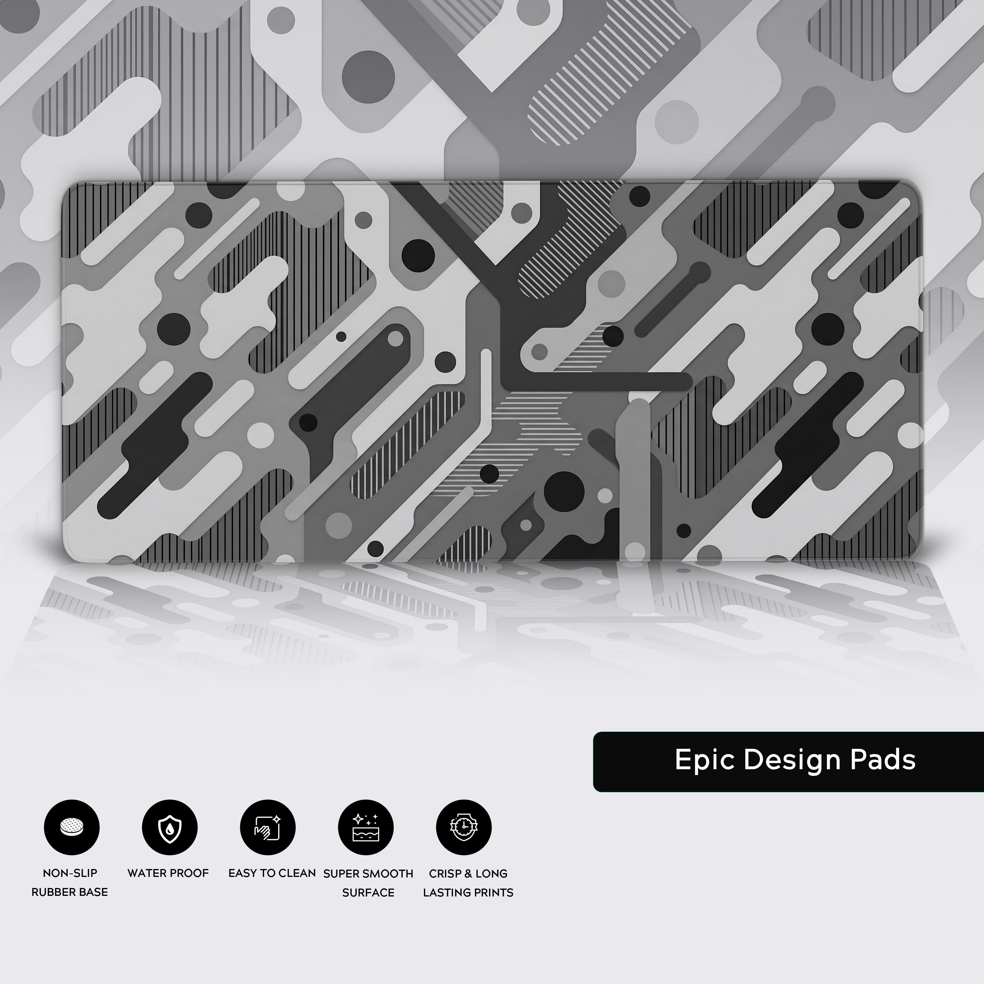 Bottom edge view highlighting the thick non-slip rubber base and premium edge of the abstract desk mat.
