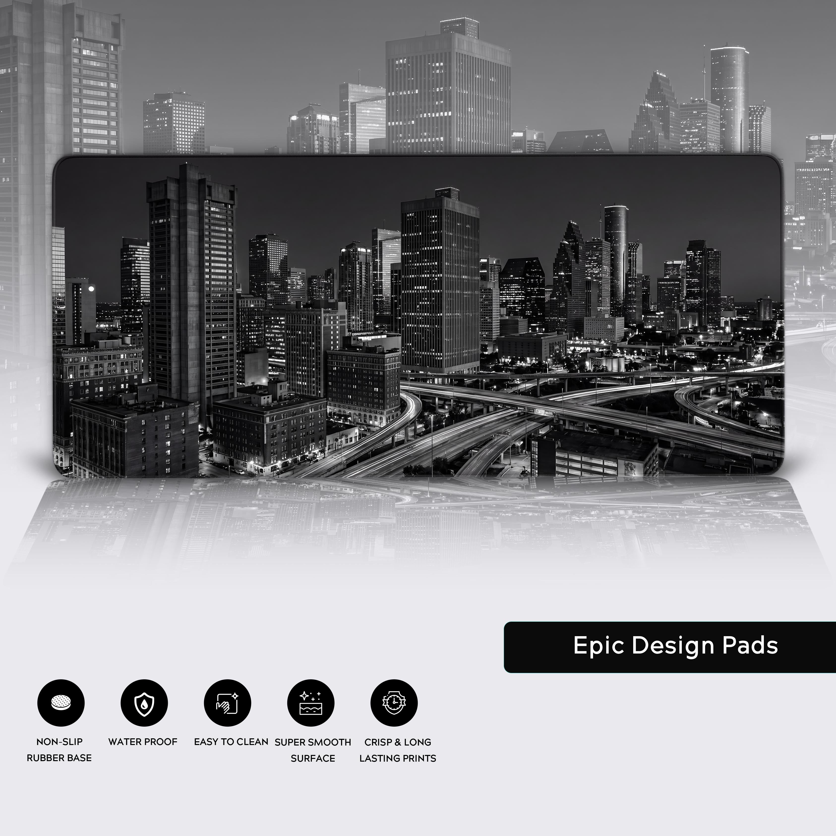 Feature icons below the city skyline desk mat illustrating non-slip, waterproof, easy to clean, smooth surface, and crisp prints.