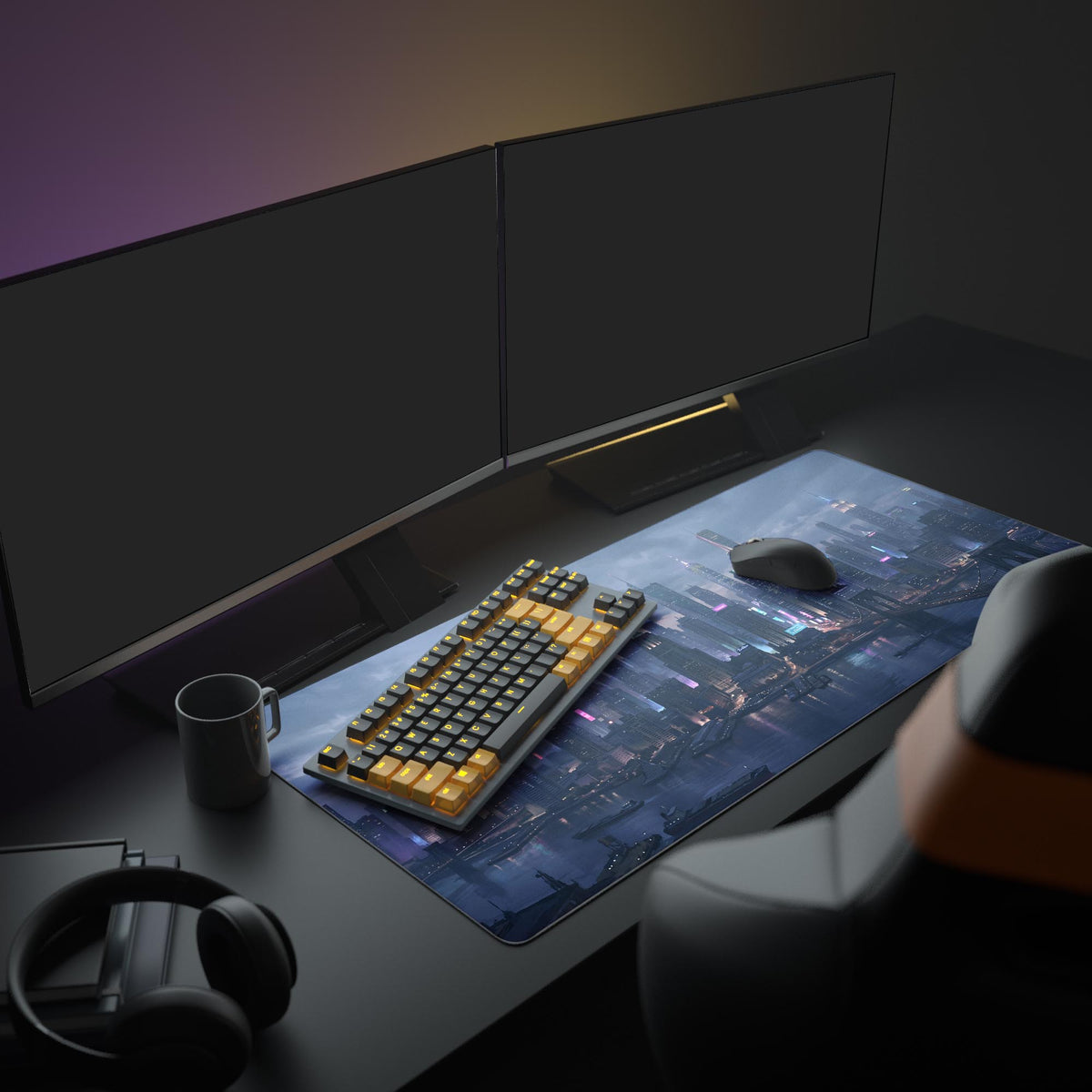 Close-up of the smooth gaming surface of the neon urban cityscape mouse pad.