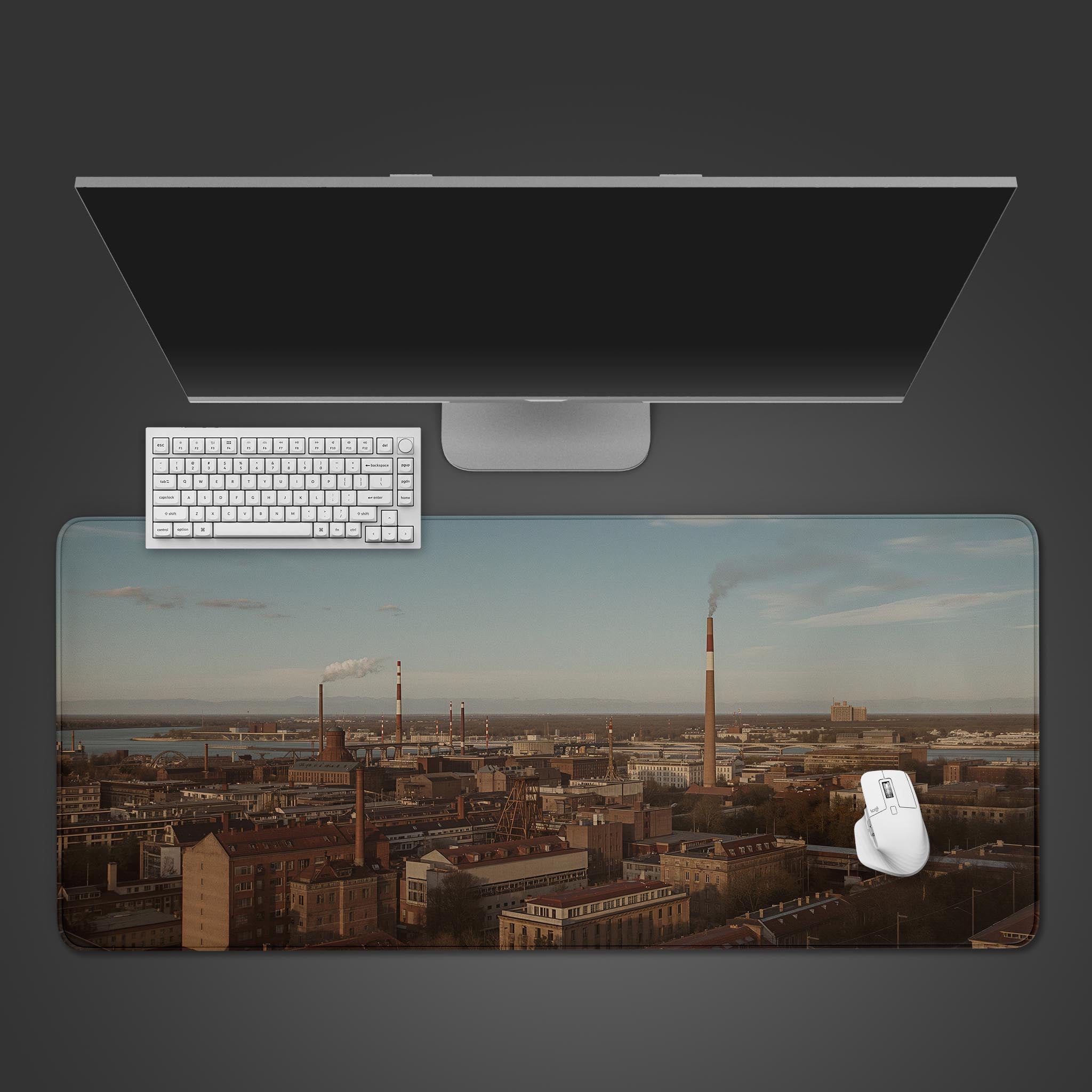 City's Breath historical desk mat with industrial skyline – top-down desktop view with a black keyboard and a wireless mouse. - Epic Design Pads & Mousepads
