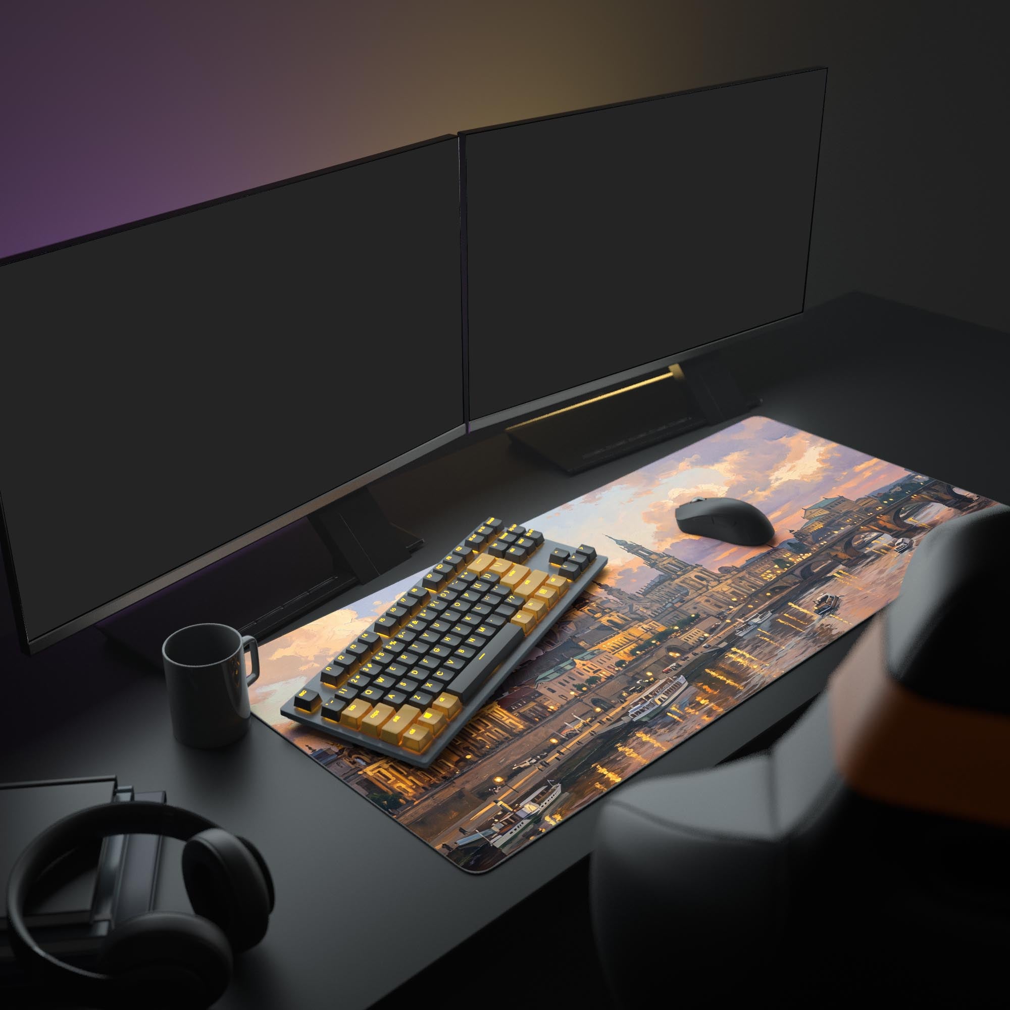 Close-up detail of the desk mat artwork showing historic architecture, a bridge, and riverboats under orange clouds.