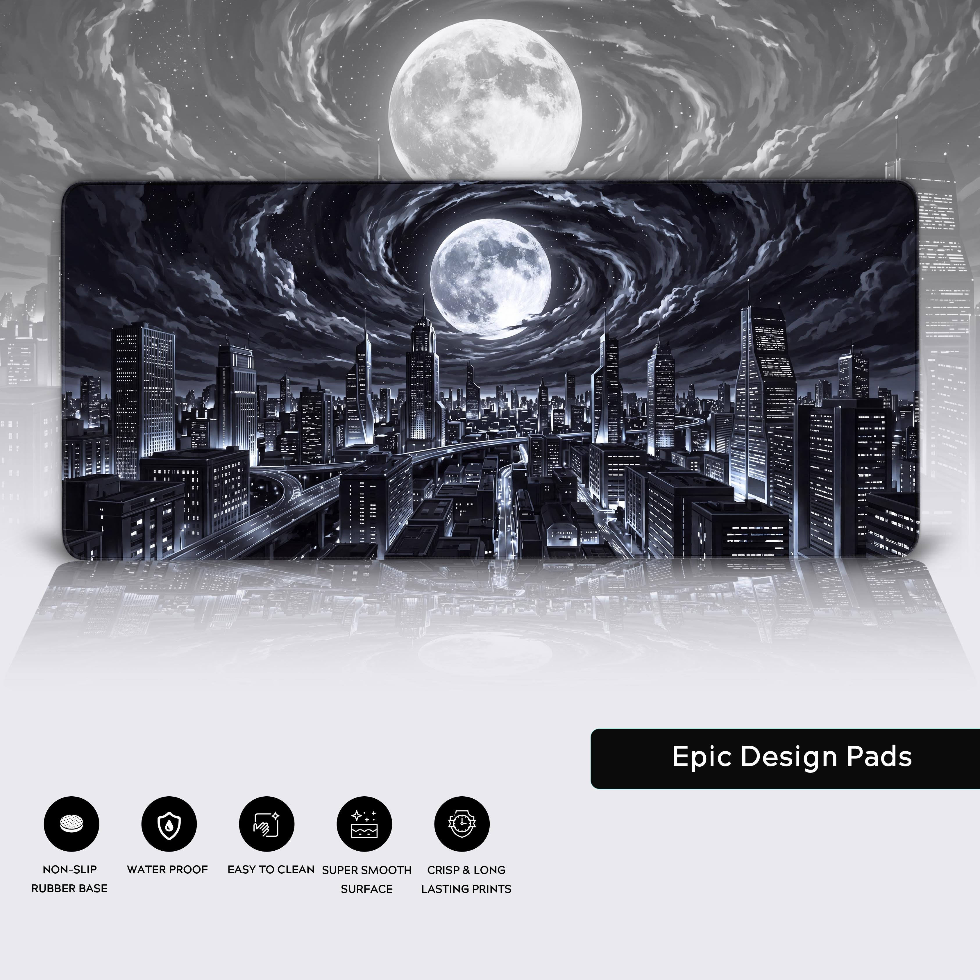 Full wide view of the extended urban moonscape gaming desk mat.