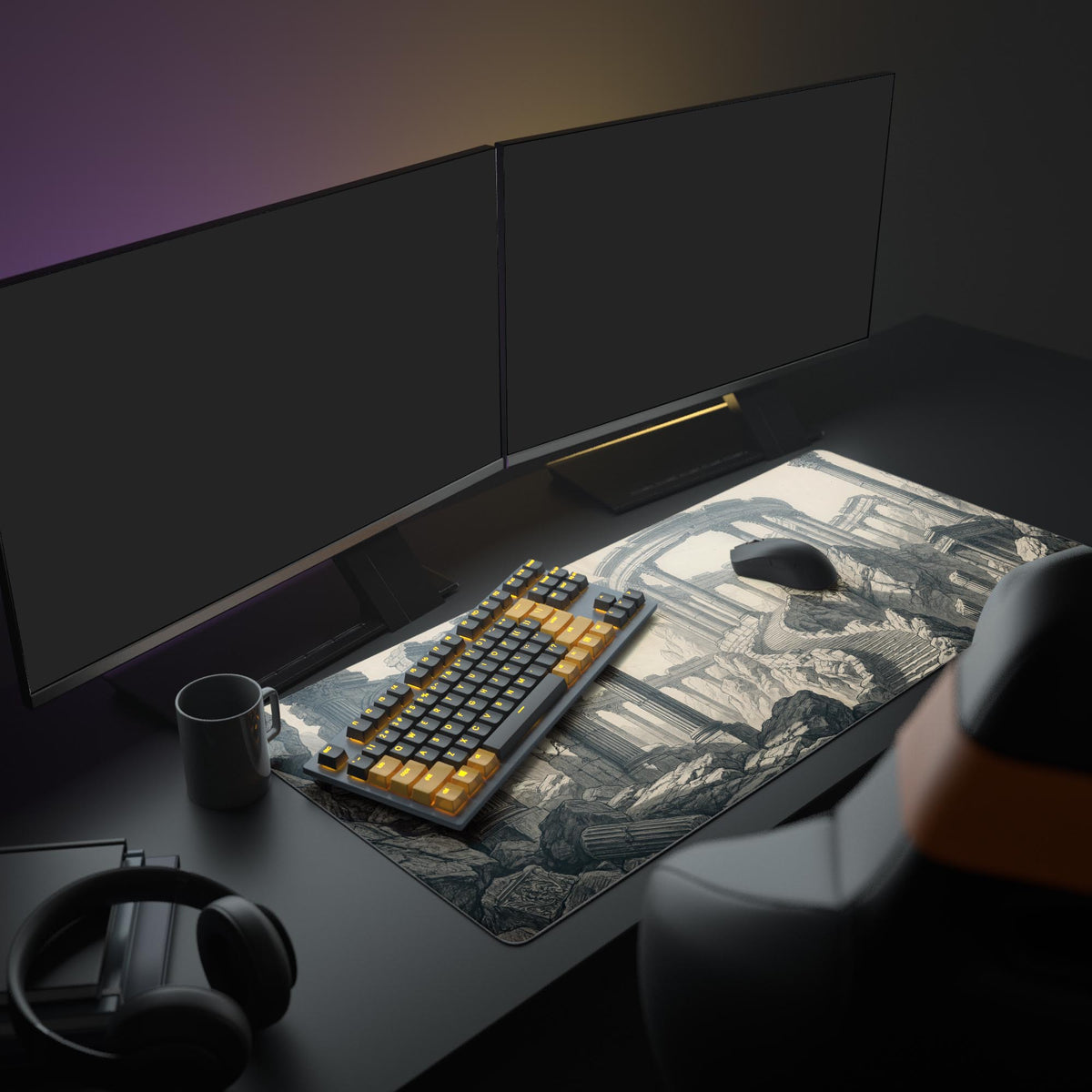 The Classical Decay XL mouse pad anchoring a Dark Academia themed desk setup, complete with a monitor, keyboard, and other office accessories. - Epic Design Pads & Mousepads