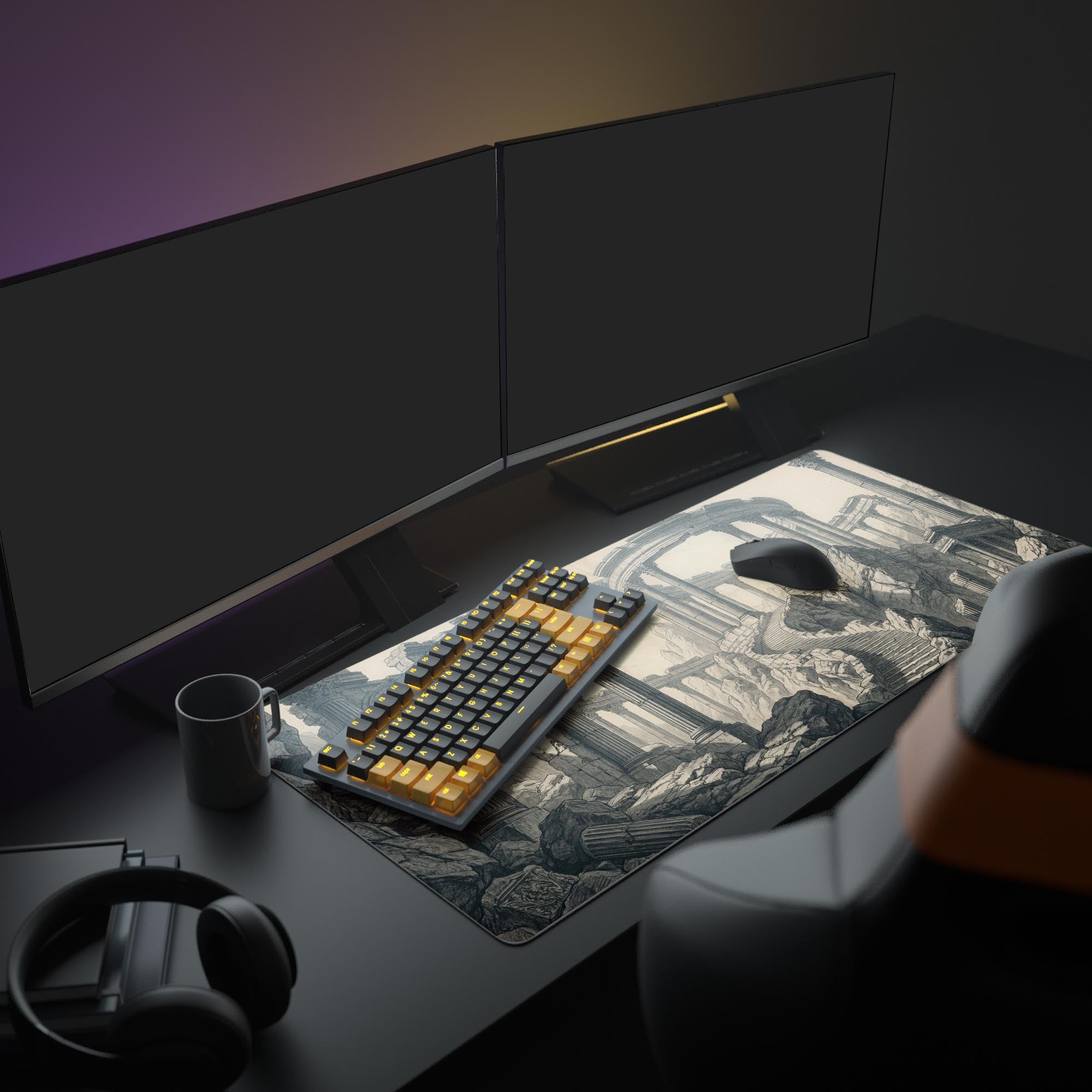 The Classical Decay XL mouse pad anchoring a Dark Academia themed desk setup, complete with a monitor, keyboard, and other office accessories. - Epic Design Pads & Mousepads