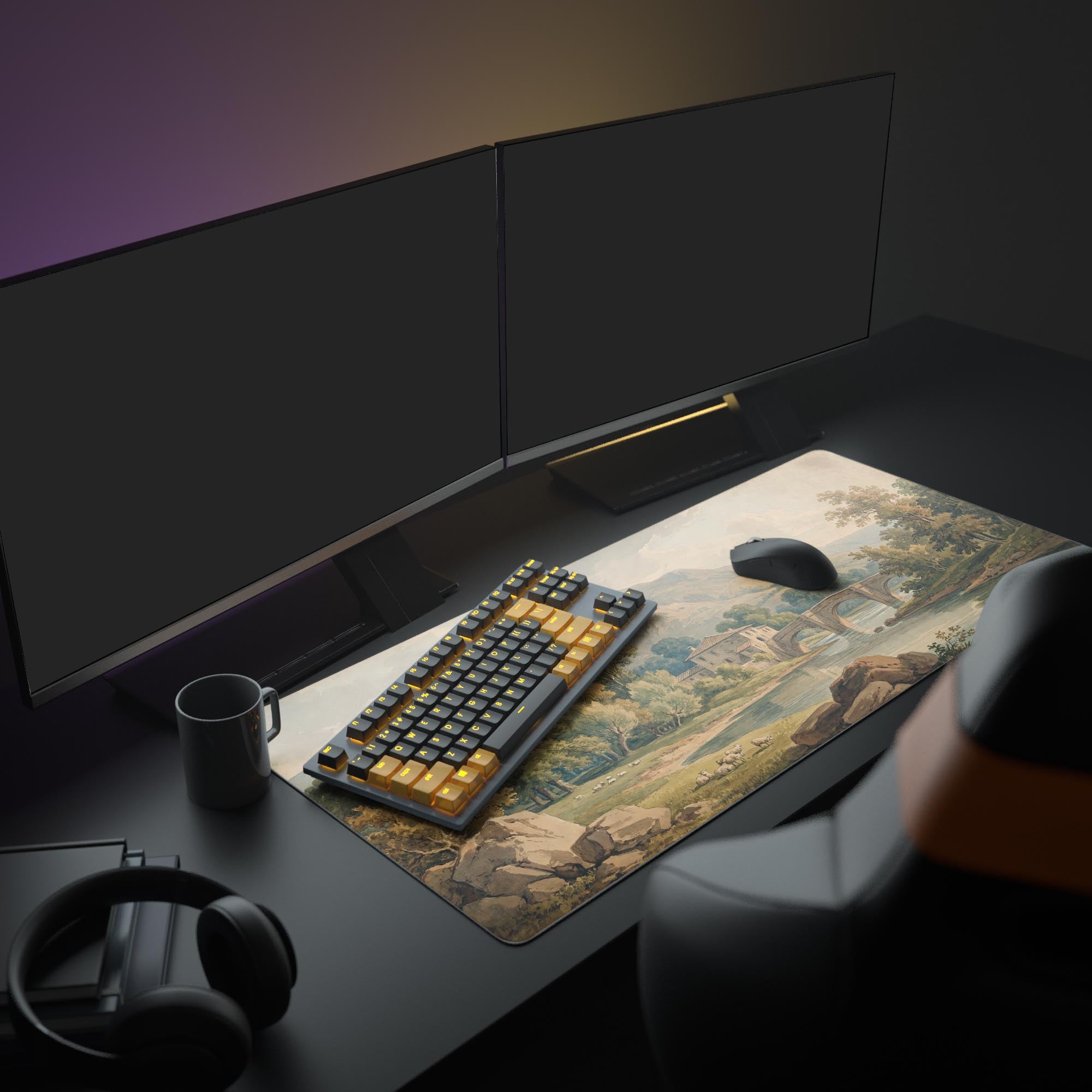 The Classical Pastoral mouse pad creating a serene, academic aesthetic in a full desk setup with a monitor, keyboard, and other accessories. - Epic Design Pads & Mousepads