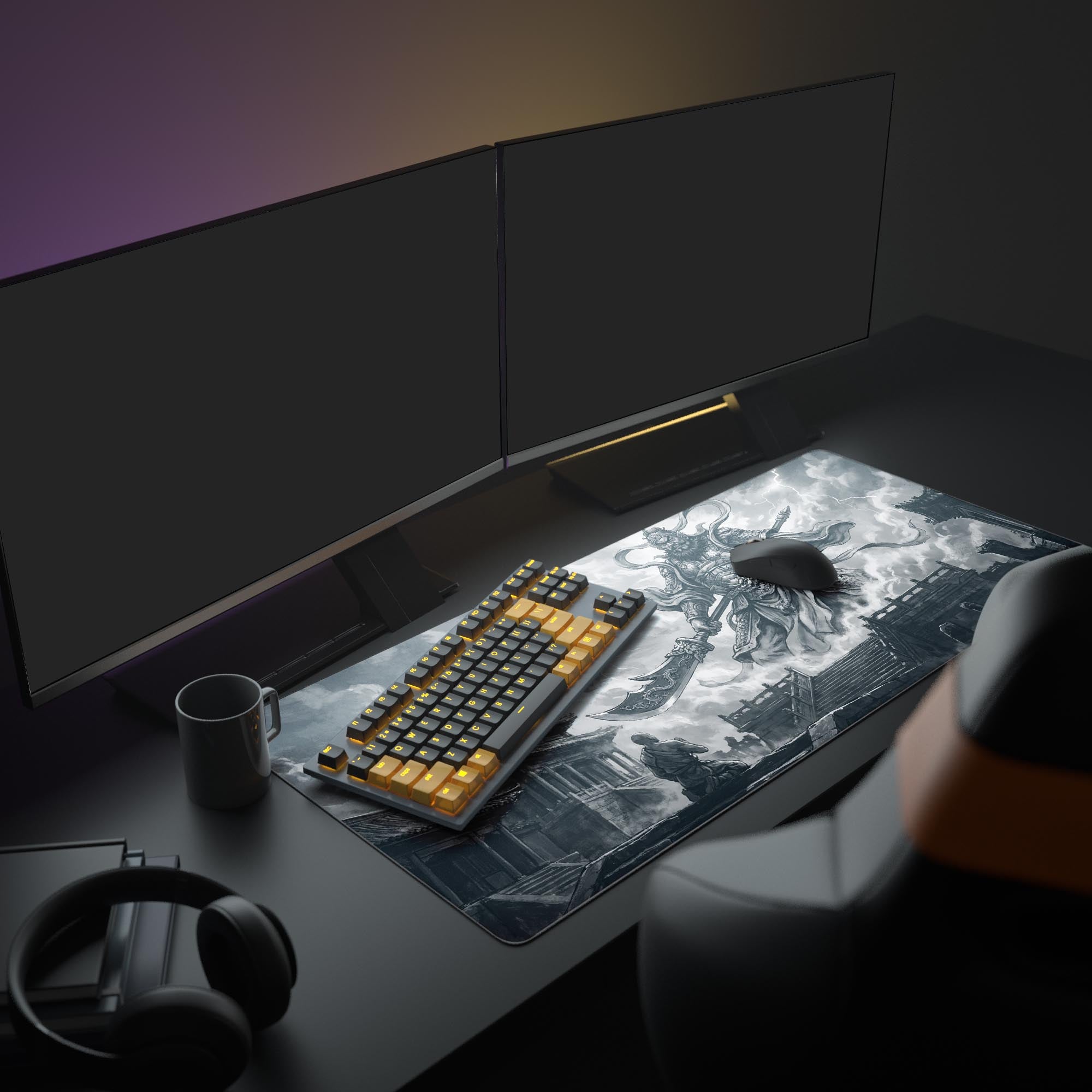The Cloud Deity XL mouse pad displayed in a gaming setup with a monitor, showcasing the epic black and white warrior artwork beneath a keyboard and mouse. - Epic Design Pads & Mousepads