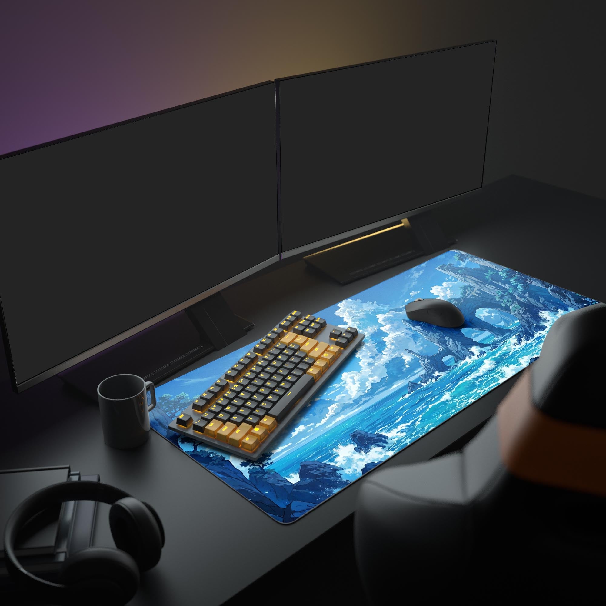 Large anime sky gaming mouse pad in a full aesthetic desk setup with dual monitors, headphones, and a mechanical keyboard, creating an inspiring and serene workspace. - Epic Design Pads & Mousepads