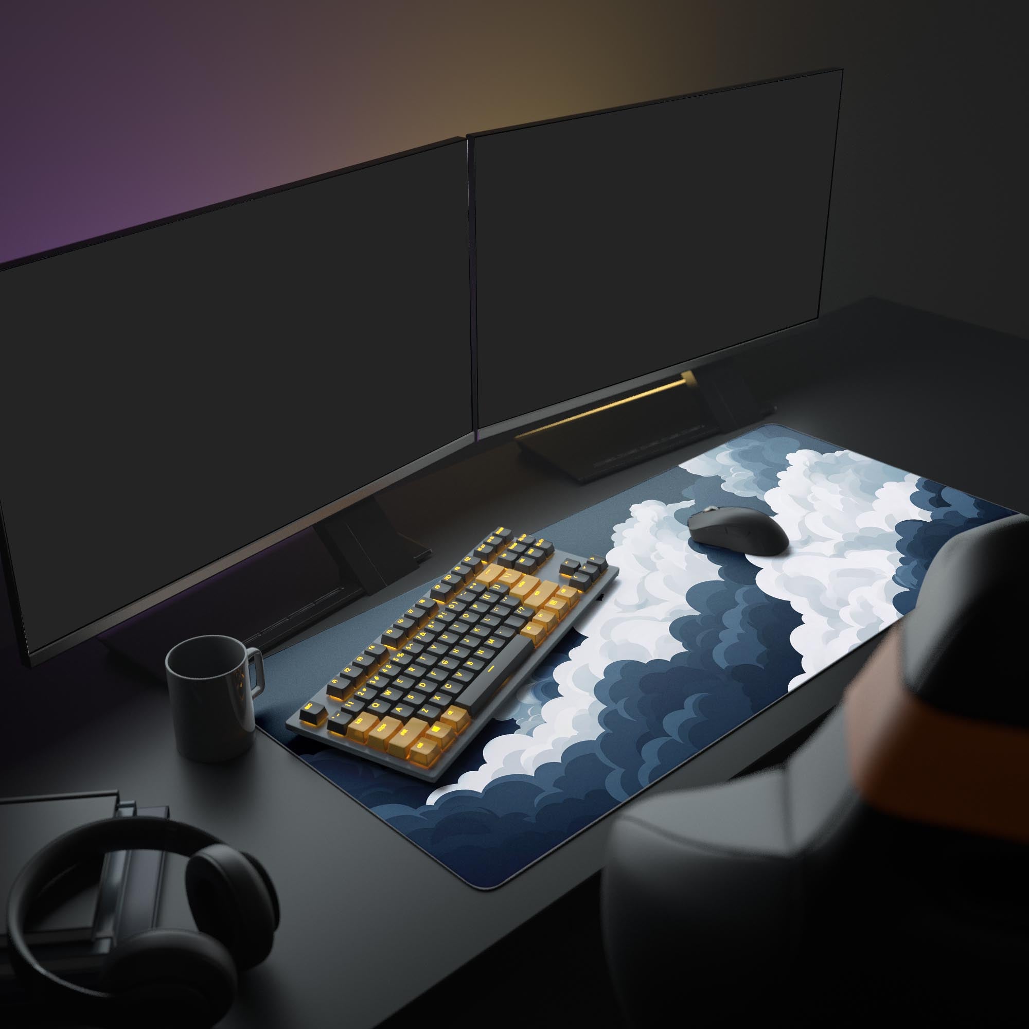 Close-up of the smooth waterproof surface and crisp print quality of the dark cloud mouse pad