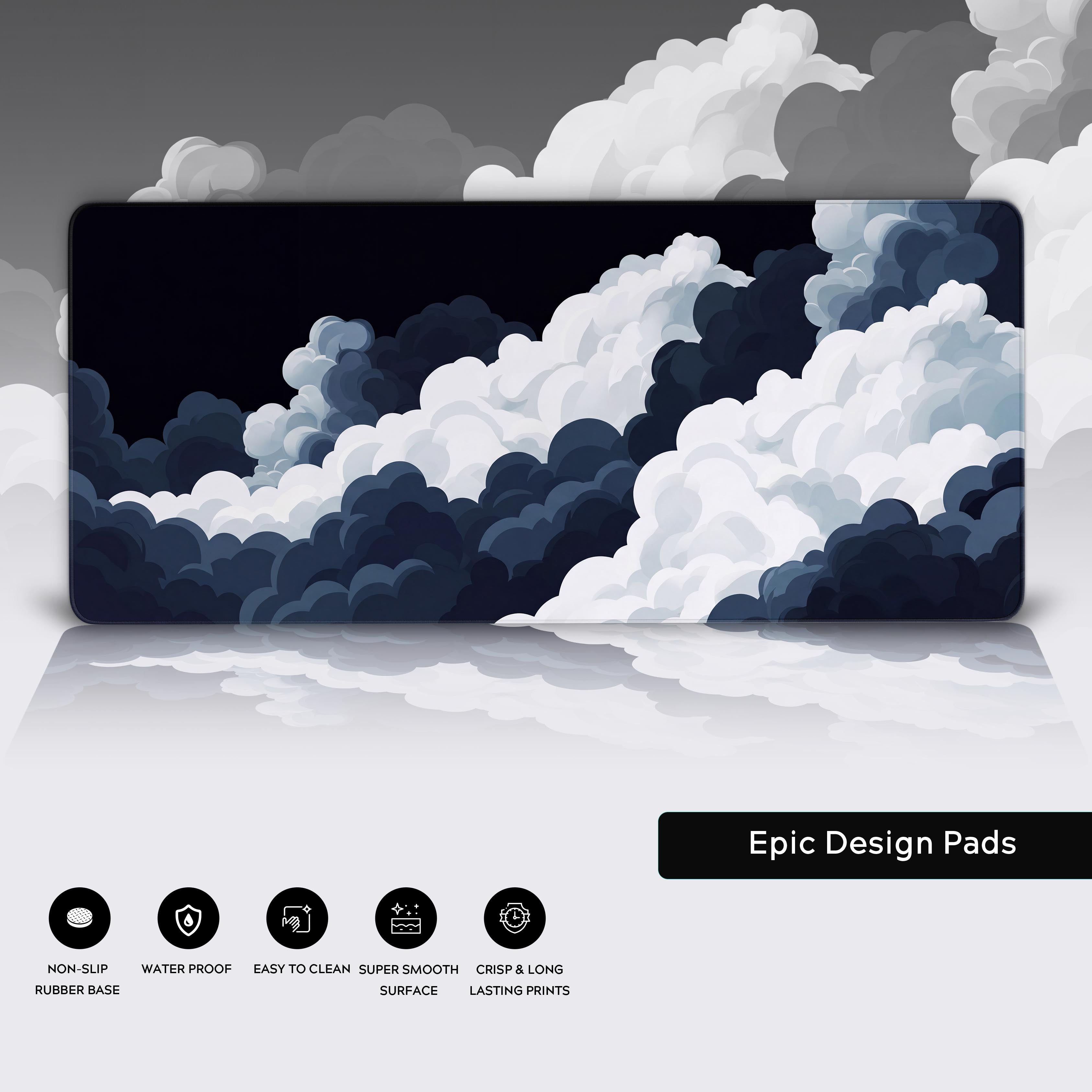 Minimalist dark aesthetic gaming setup featuring the atmospheric cloud XL desk mat