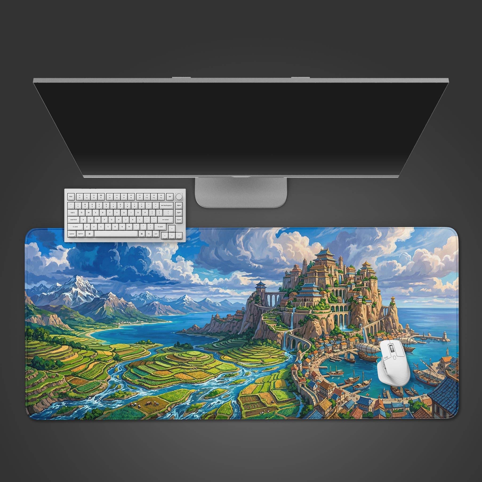 Epic fantasy coastal citadel desk mat featuring terraced fields and ocean harbor