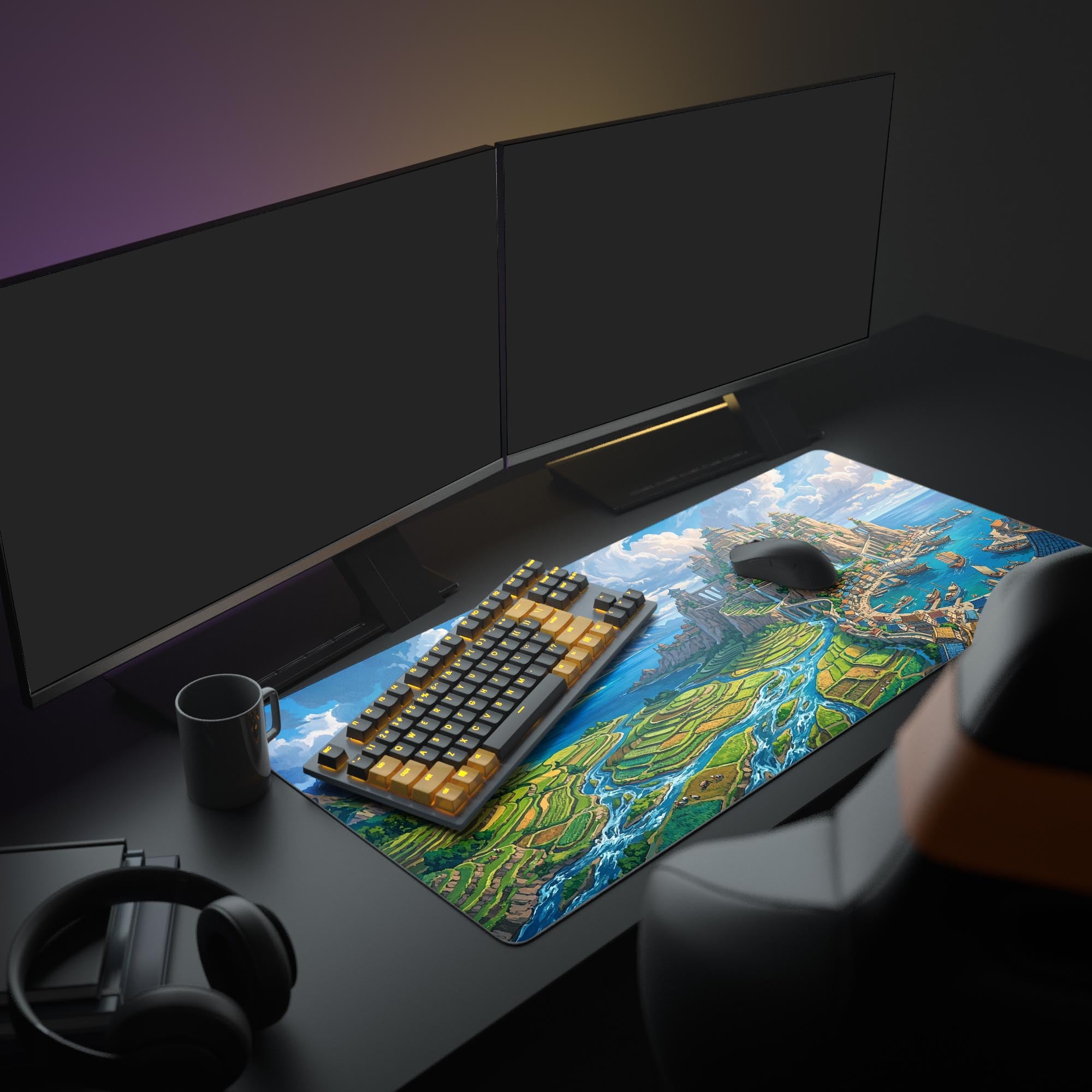 Close-up of the detailed cliffside castle and waterfalls on the gaming mouse pad