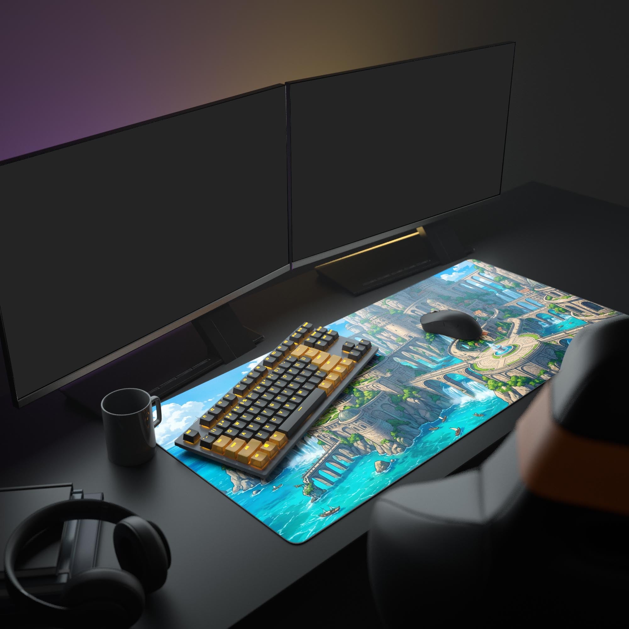 The Coastal Dominion mouse pad anchors a full PC setup, its vibrant utopian city and waterfall artwork complementing the monitor and peripherals. - Epic Design Pads & Mousepads