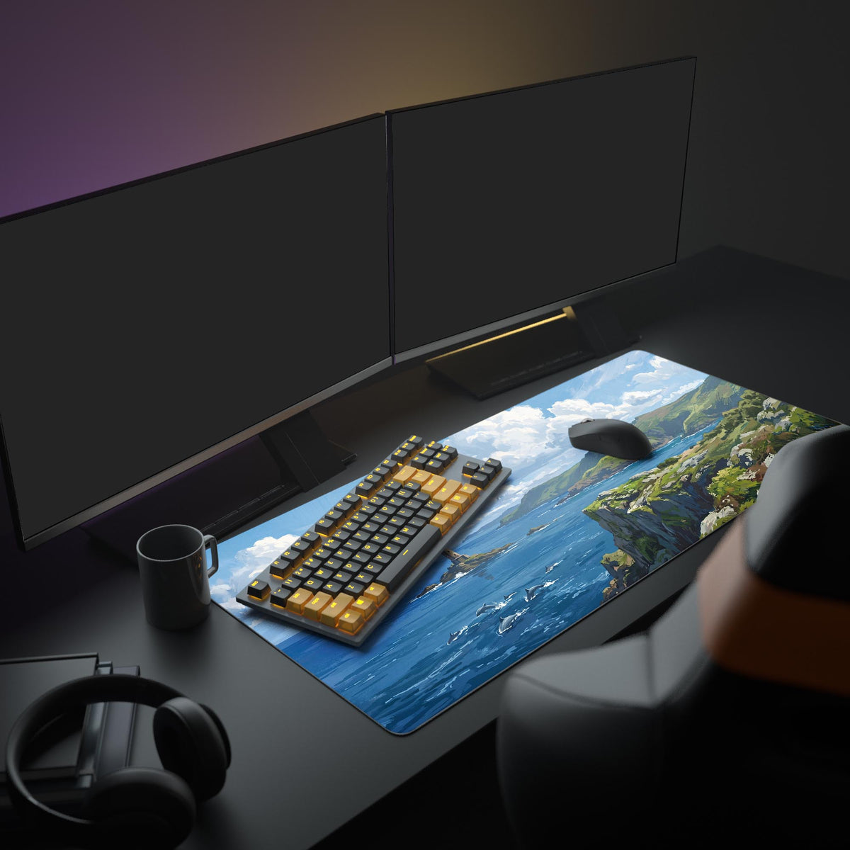 Coastal Lighthouse desk mat in a dark gaming setup with a mechanical keyboard, a mouse and headphones