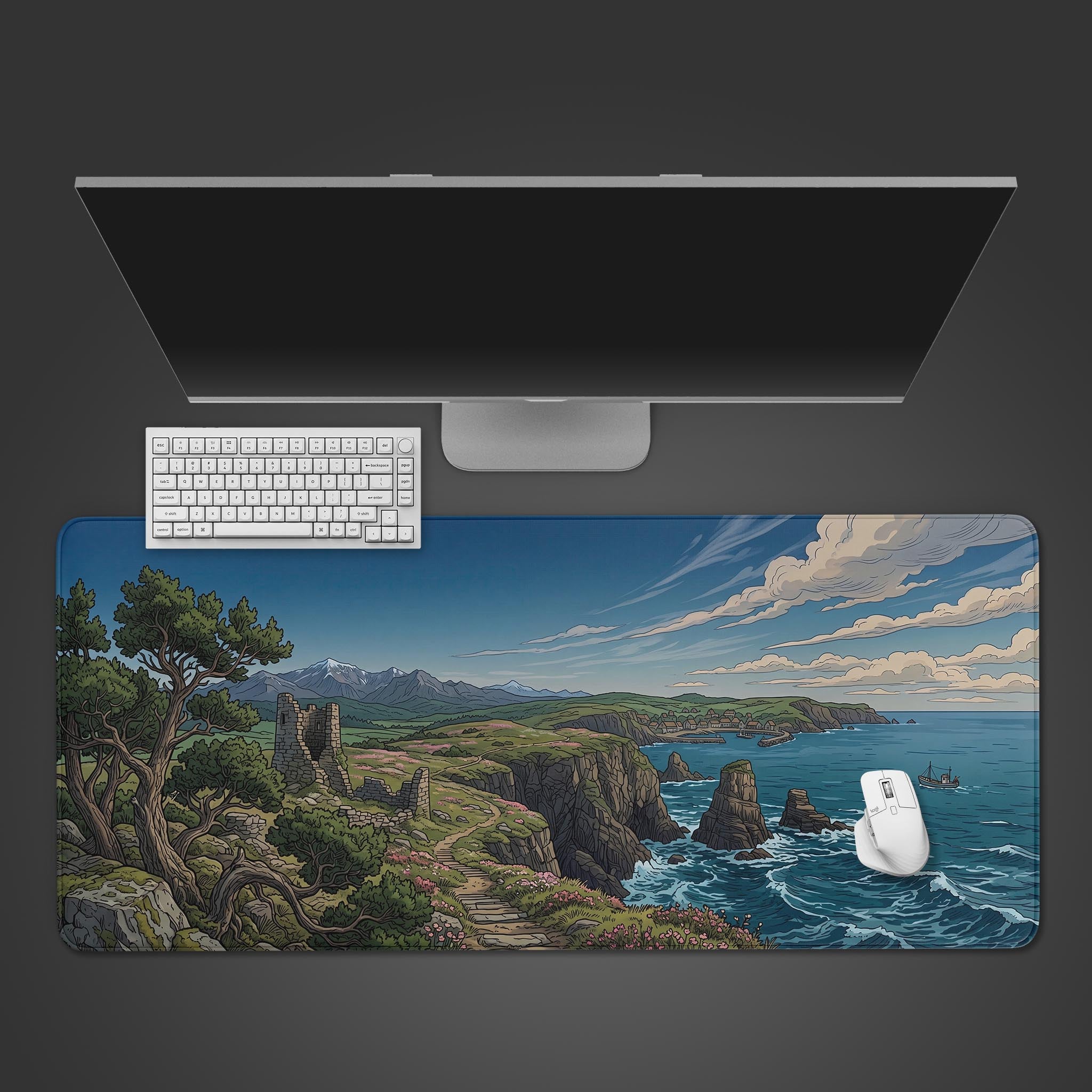 Coastal Ruins landscape desk mat featuring ancient stone walls on an ocean cliff edge