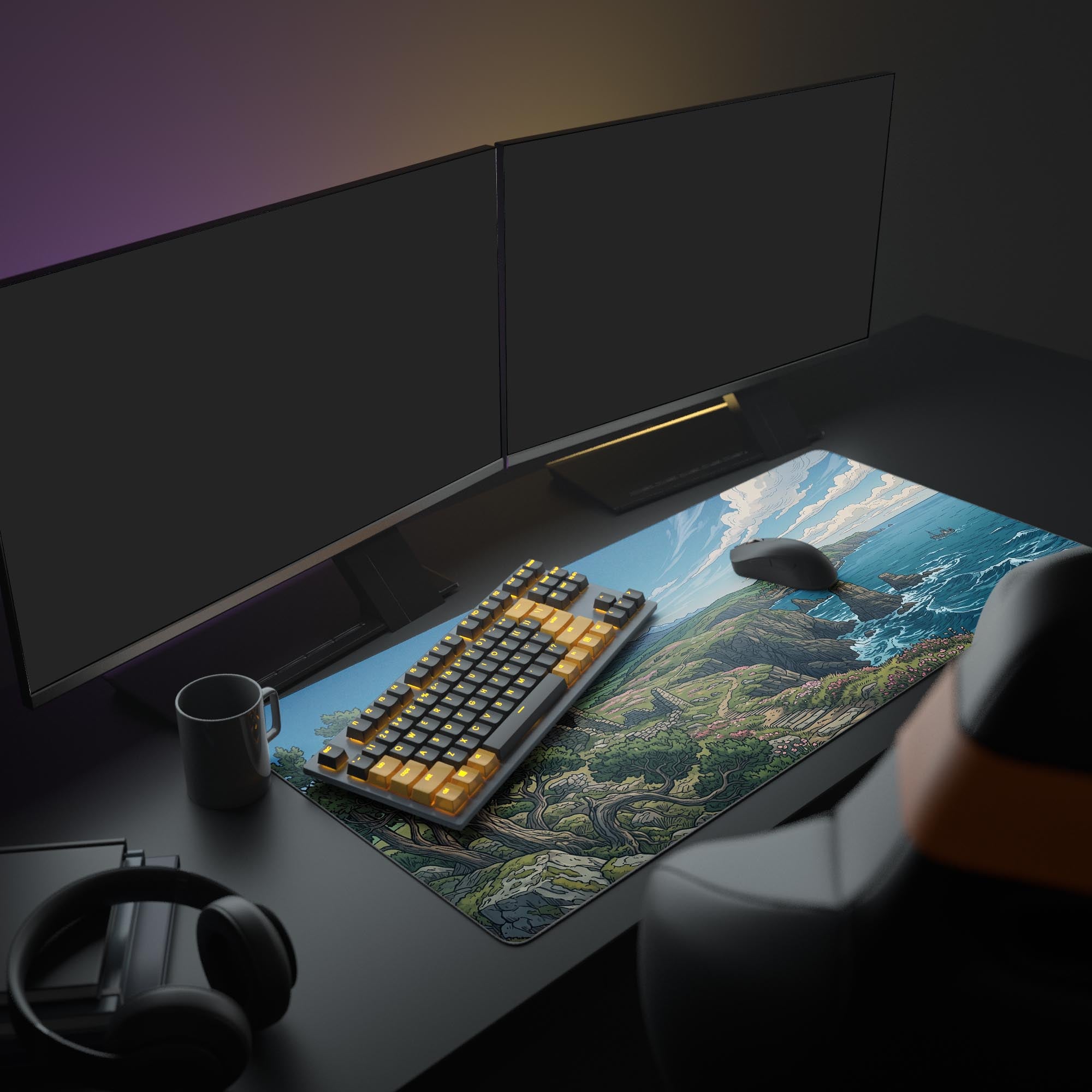 Detailed comic style line art showing an ocean cliff, ruins, and distant mountains on an XL desk pad