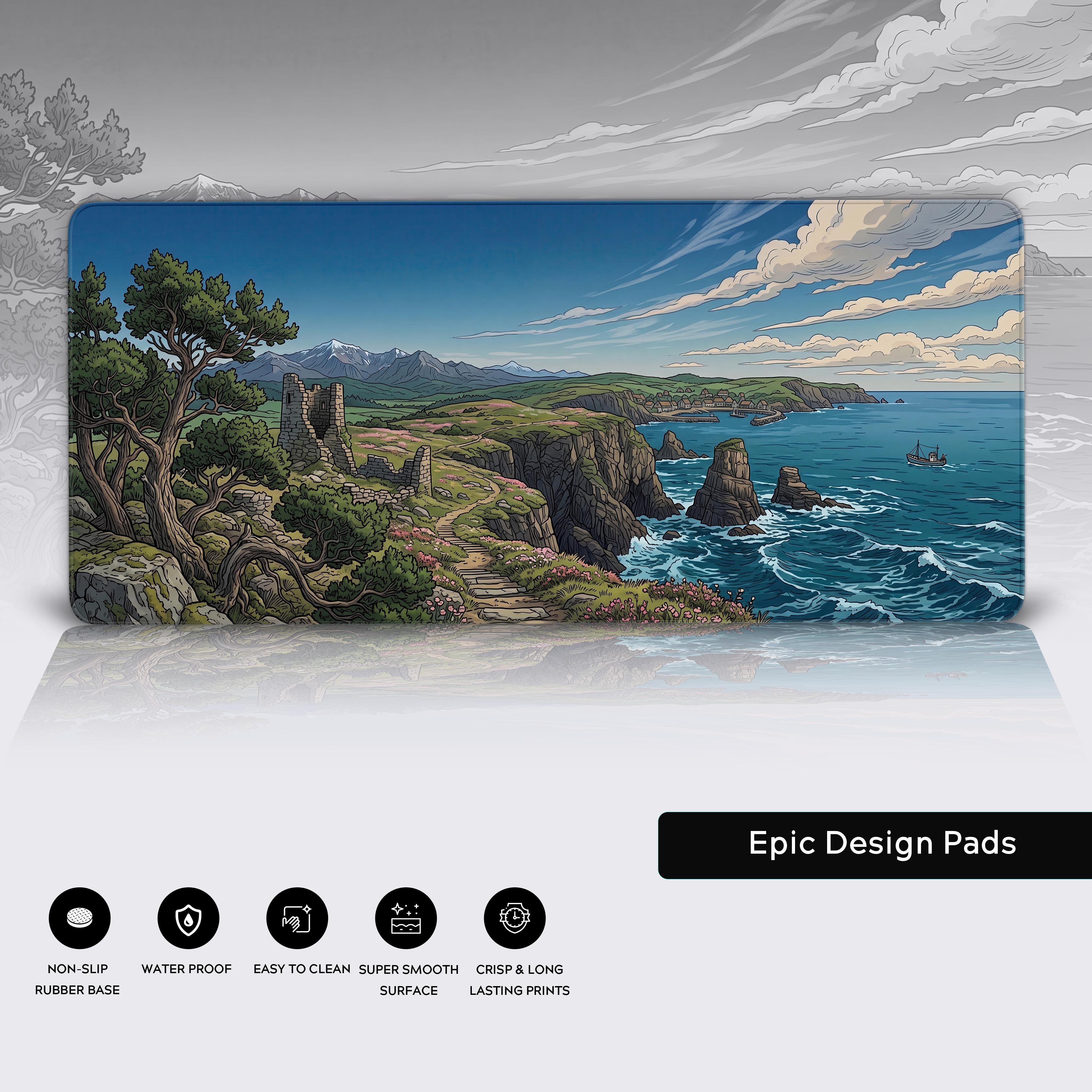 Anti-slip rubber base and edge stitching details of the Coastal Ruins desk mat