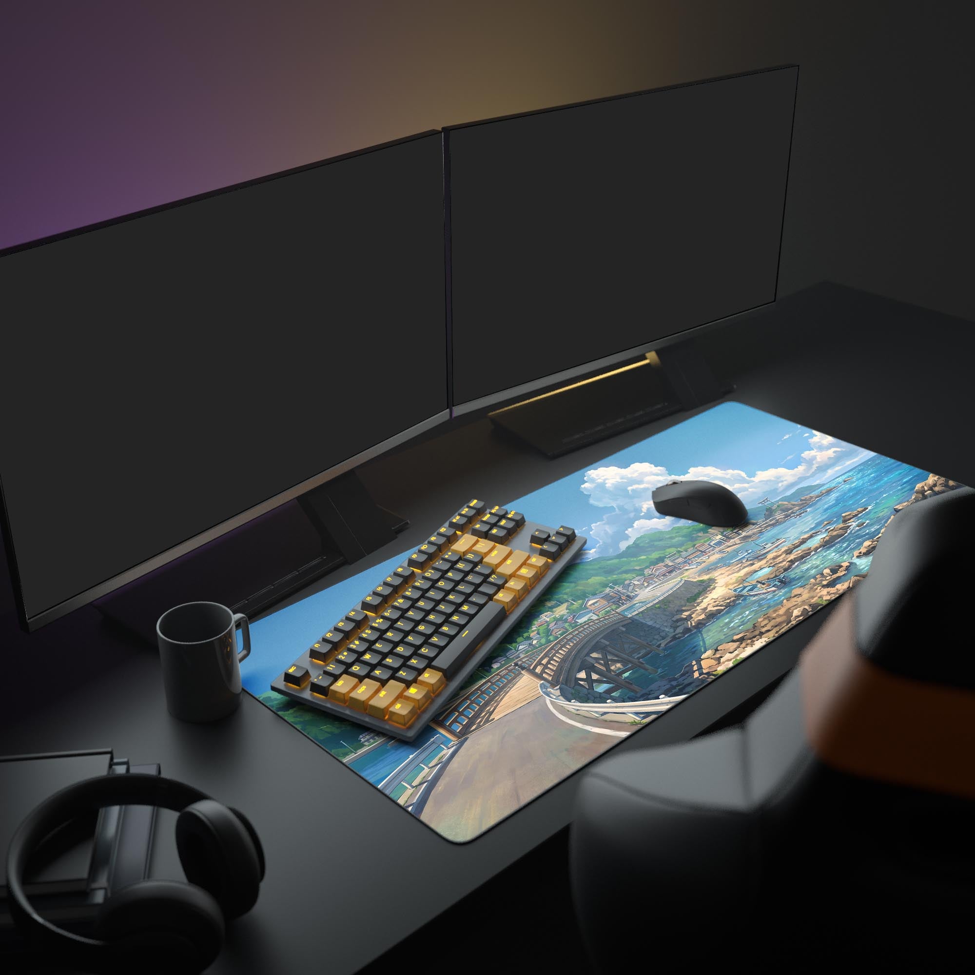Close up view of the desk mat artwork showing clear blue waters, rocky shores, small boats, and a distant Torii gate.