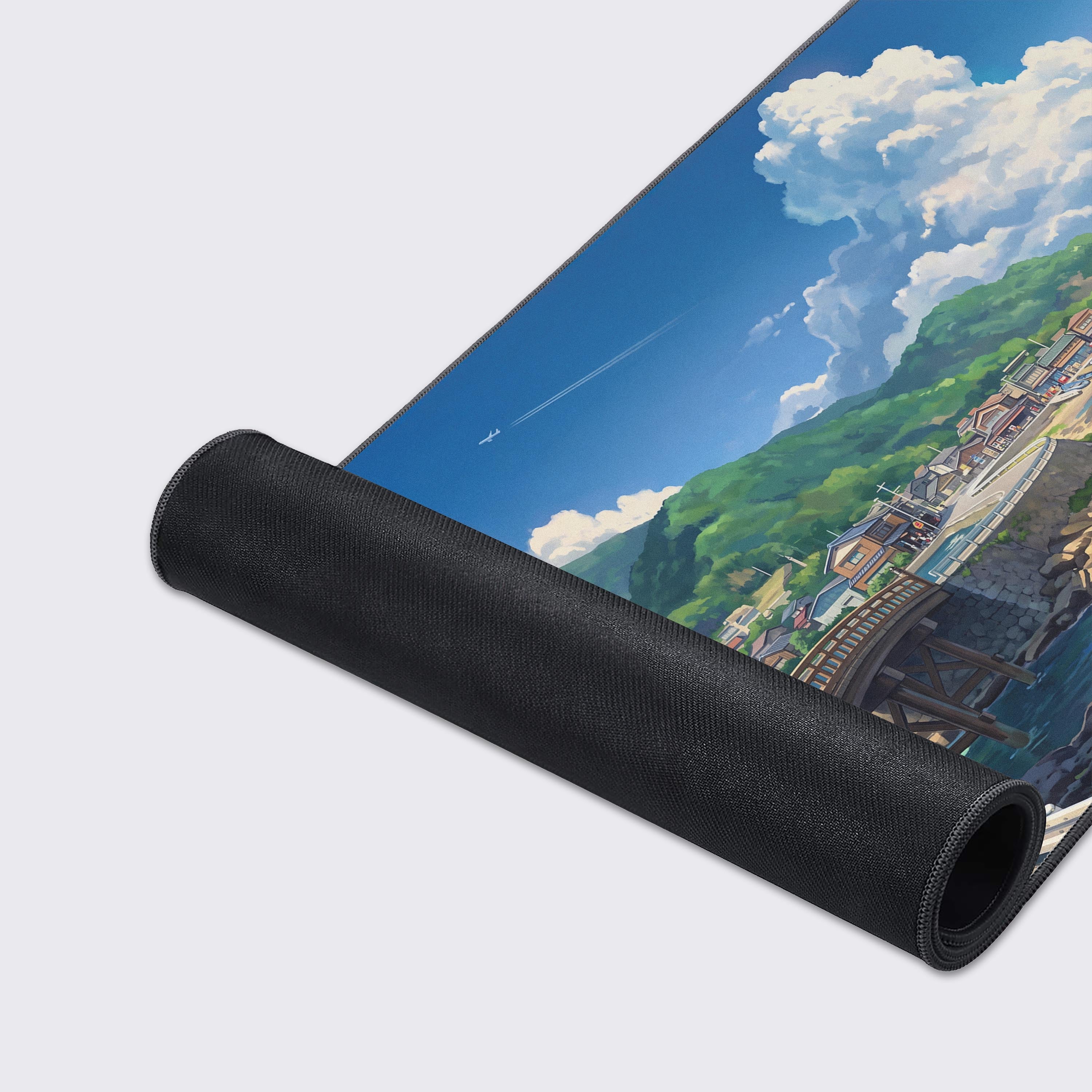 Large anime landscape mouse pad displaying a vibrant summer sky with fluffy cumulus clouds over a seaside town.