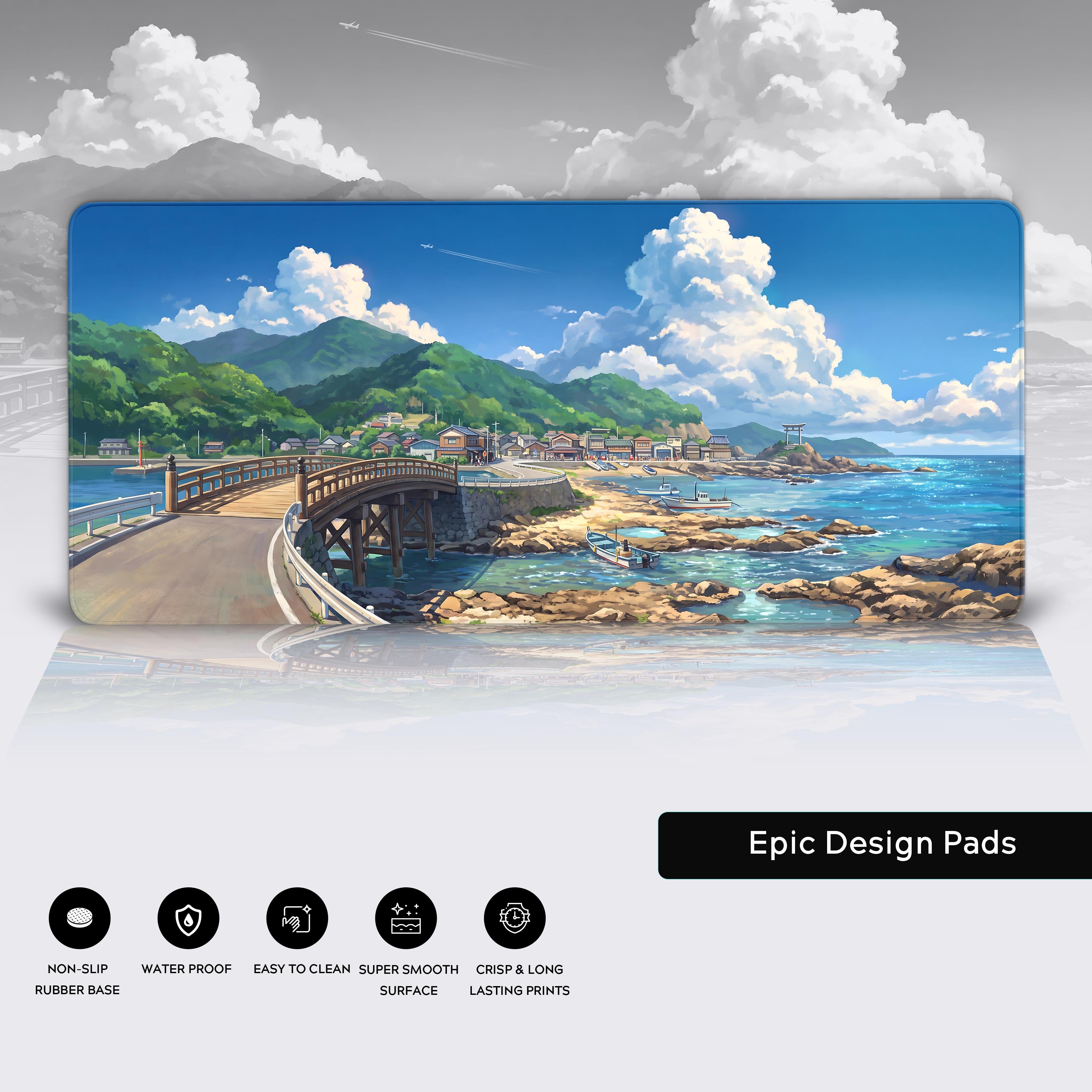 Full view of the coastal anime village desk mat showcasing the colorful, serene seaside illustration.