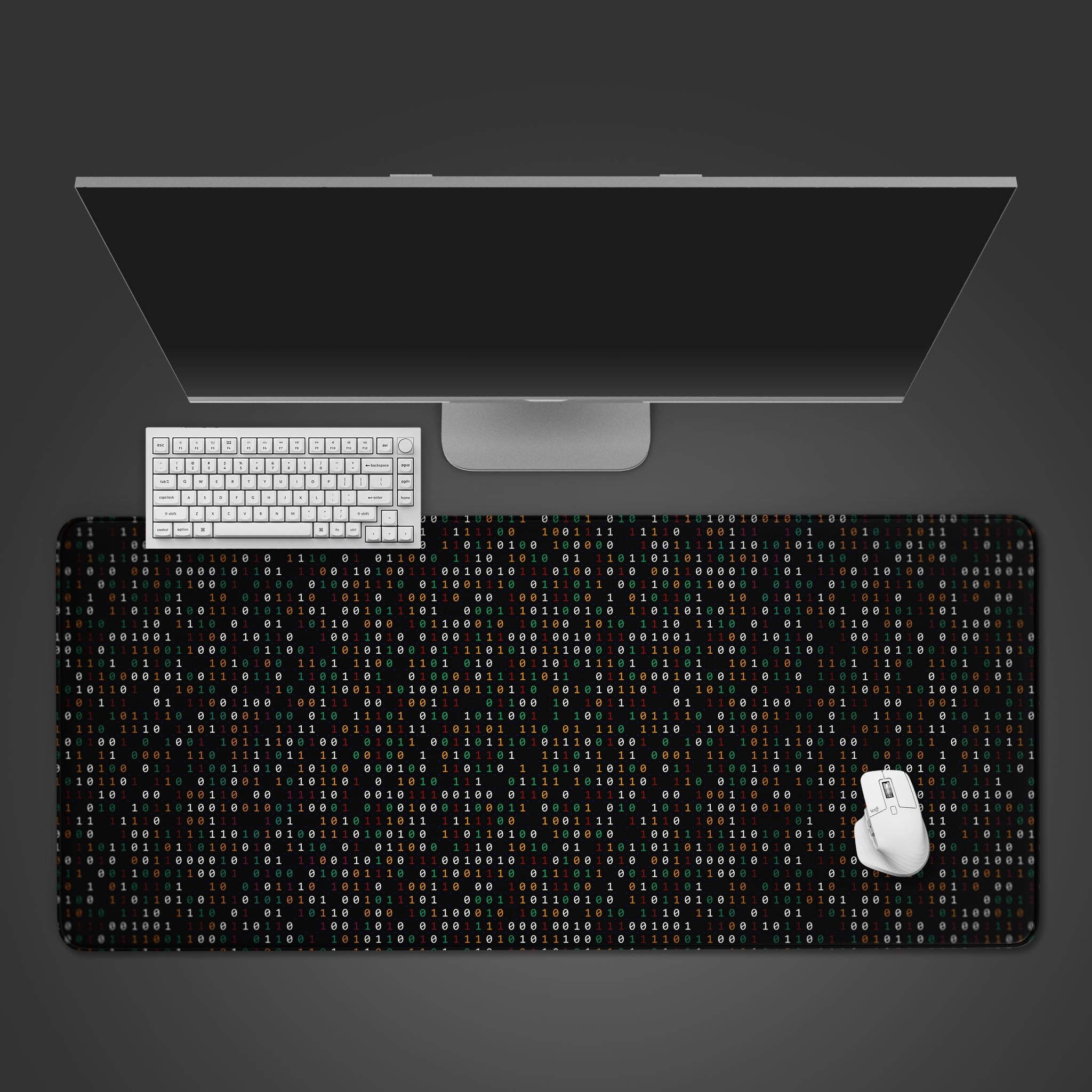 Code Matrix desk mat with digital rain design – top-down view on a desk with a black keyboard and mouse. - Epic Design Pads