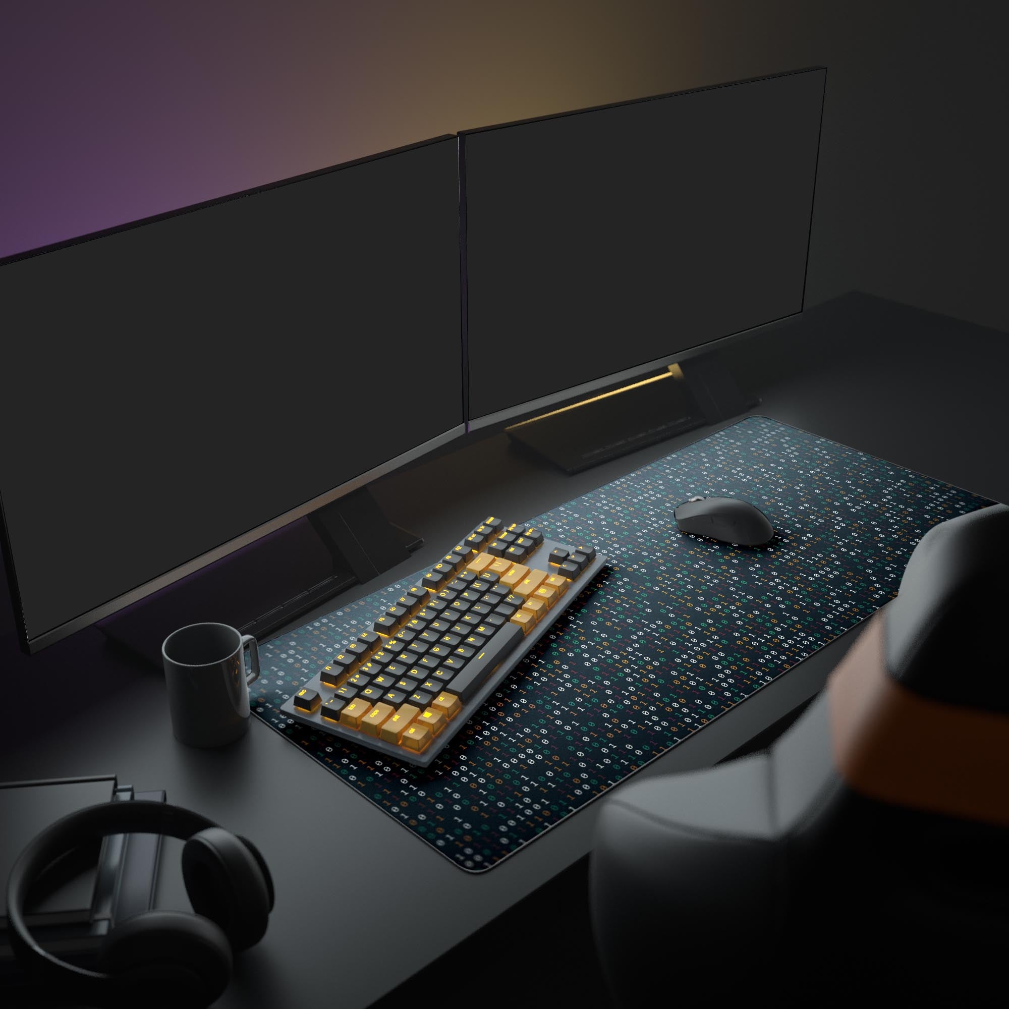 Large Code Matrix desk mat shown in a programmer's setup with dual monitors and a mechanical keyboard. - Epic Design Pads