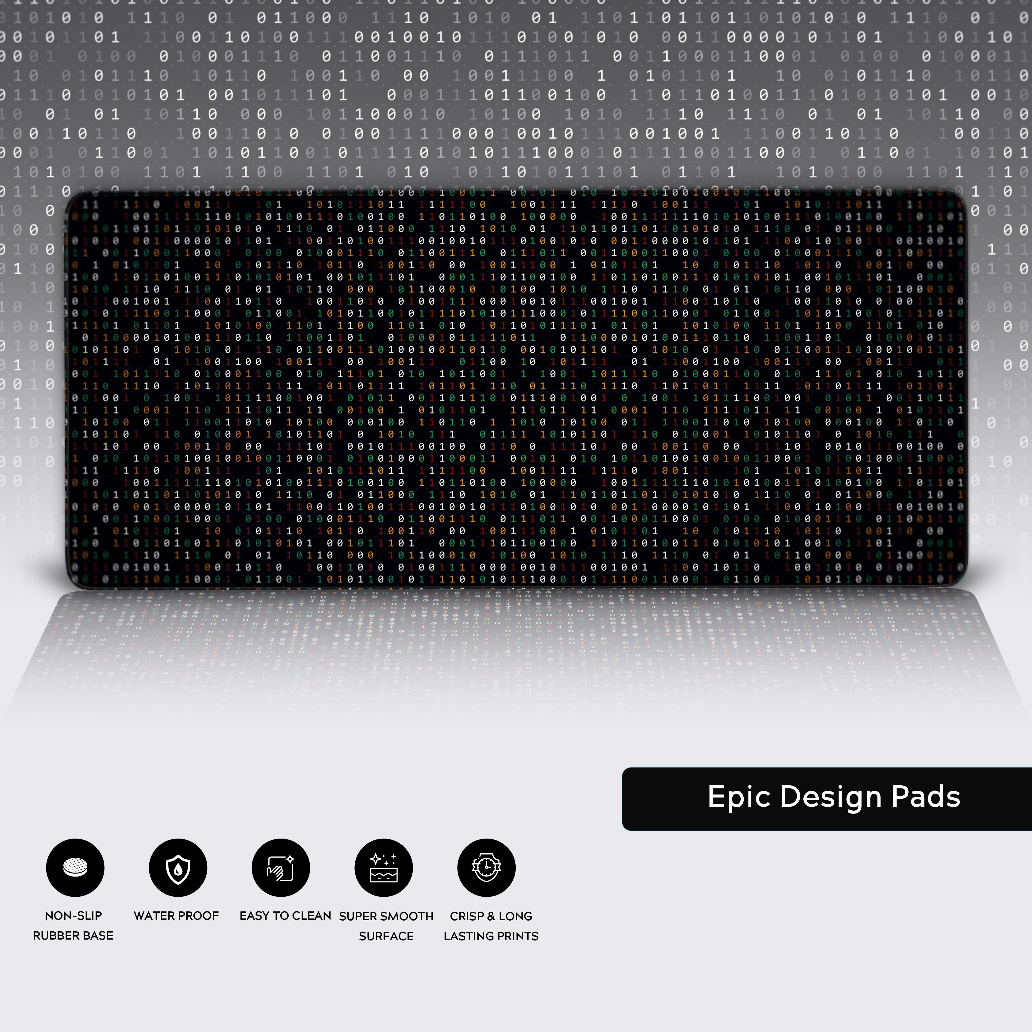 Code Matrix mouse pad showcasing durable stitched edges and a non-slip rubber base for stability. - Epic Design Pads