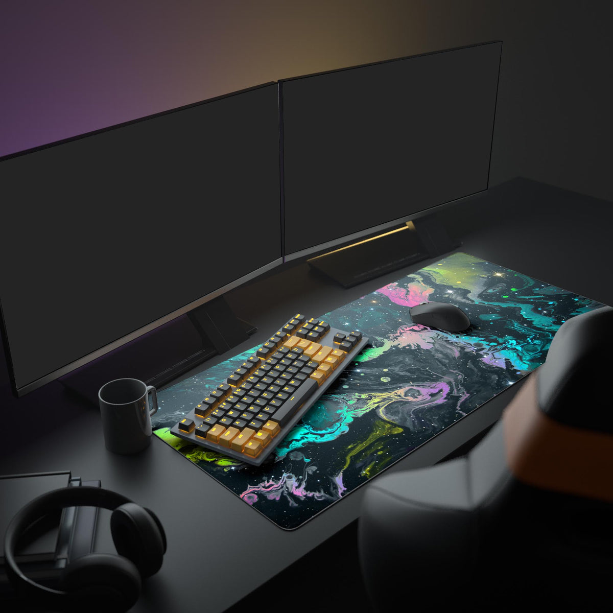 Large Cosmic Bloom creative desk mat – shown in artistic setup with dual monitors. - Epic Design Pads