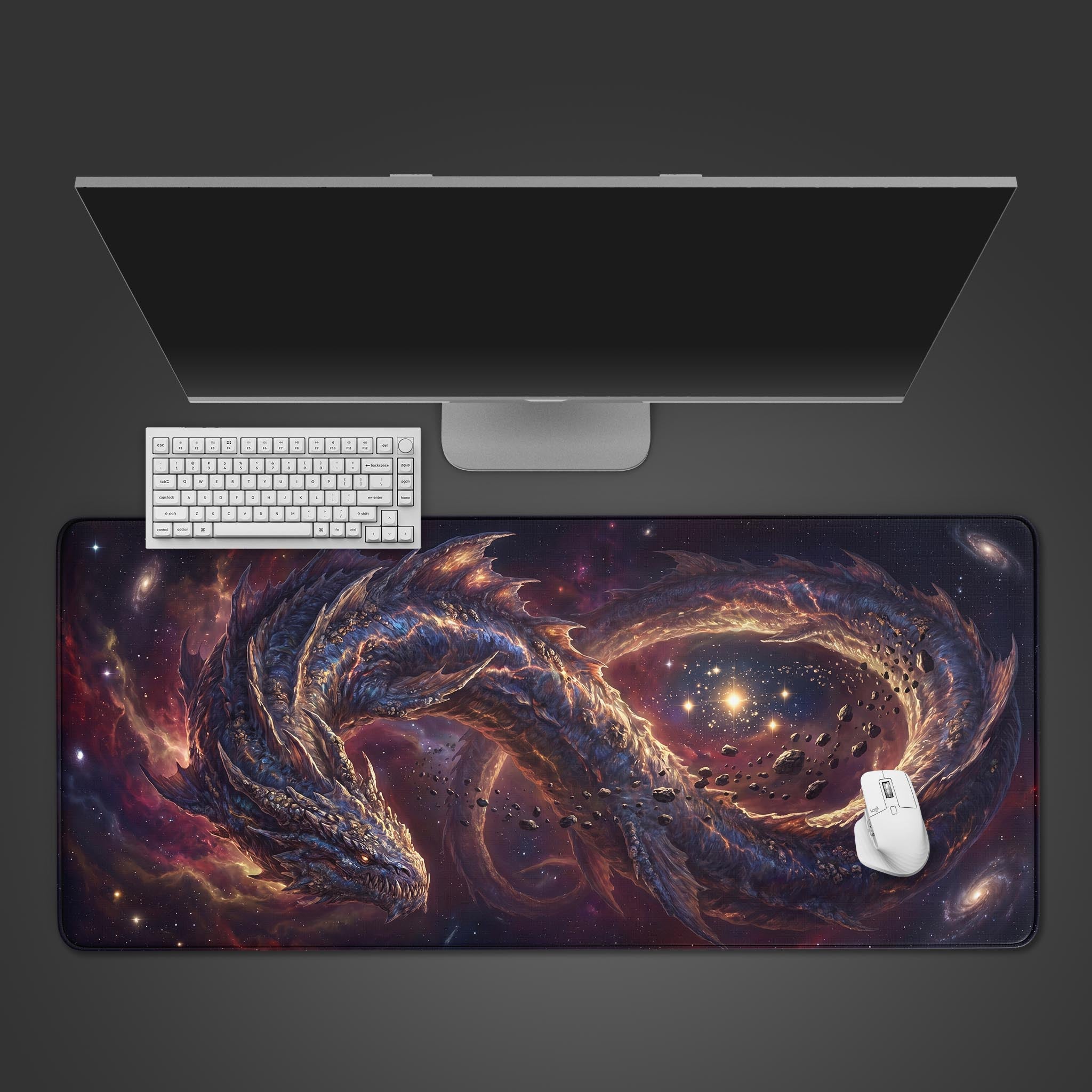A large gaming desk mat featuring an epic cosmic dragon twisting in an infinity shape amidst a glowing purple and gold galaxy.