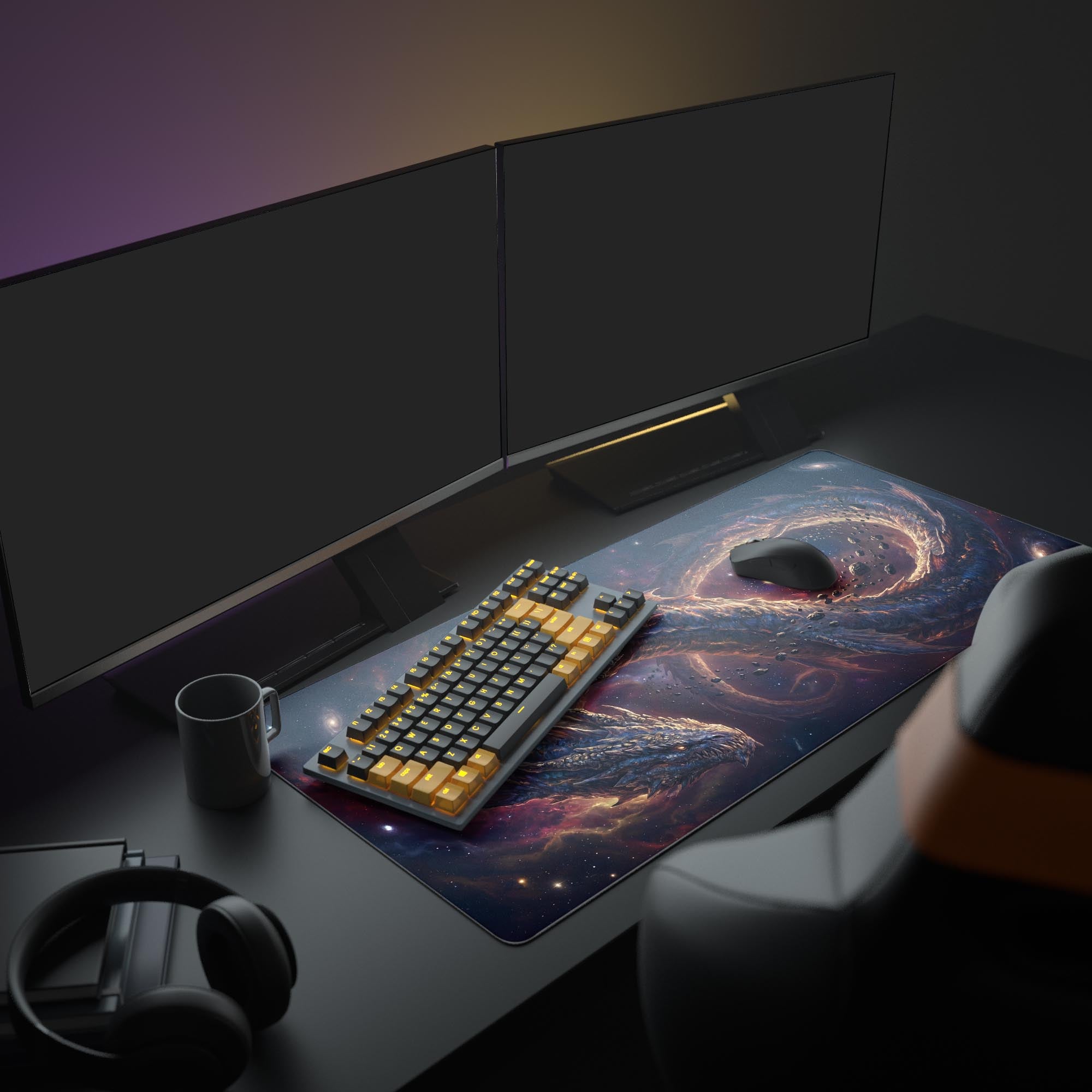 Close-up of the Cosmic Dragon mouse pad showcasing vibrant stellar dust, asteroids, and crisp nebula print quality.