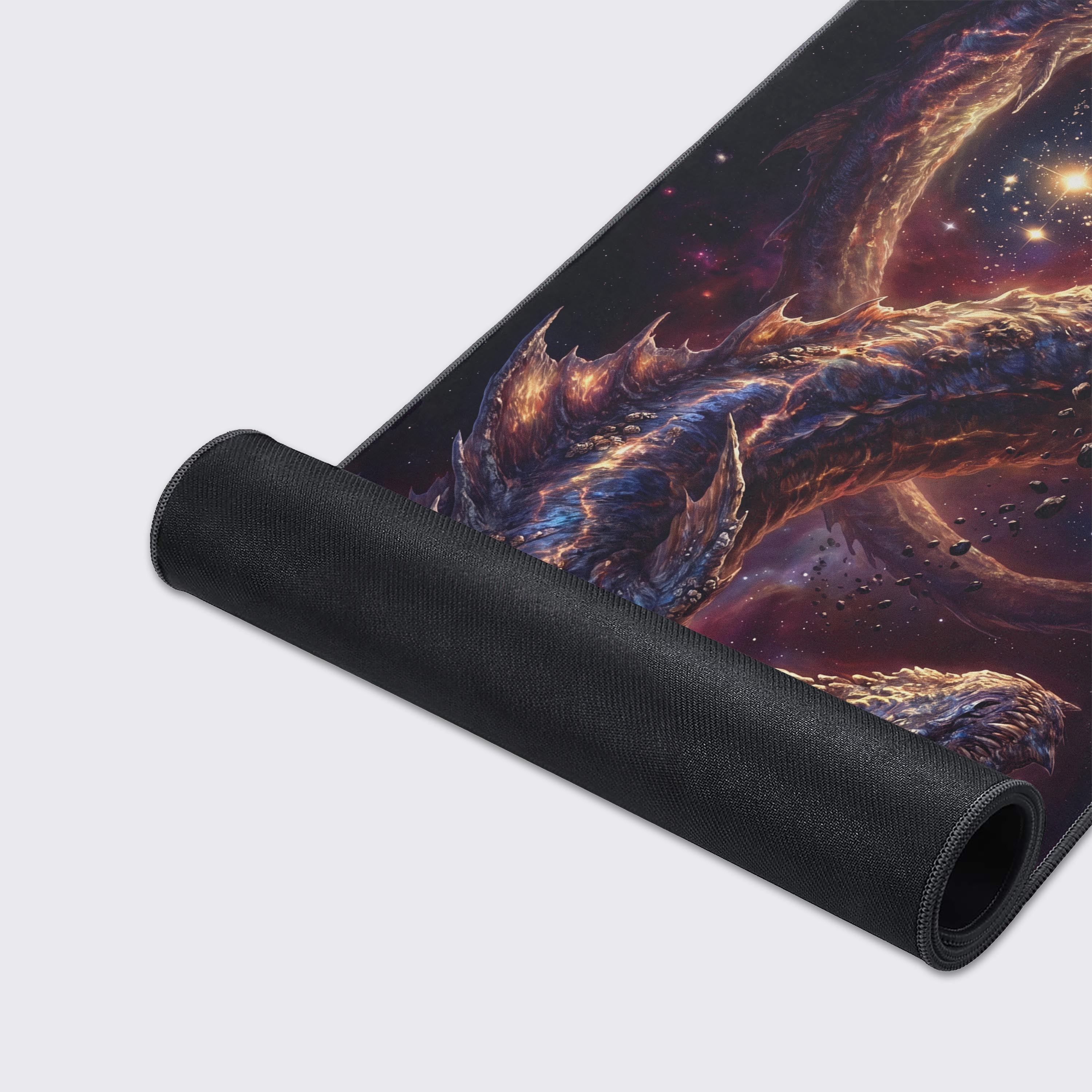 The Cosmic Dragon extended desk mat hovering above a reflective surface, highlighting its dark space fantasy aesthetic.