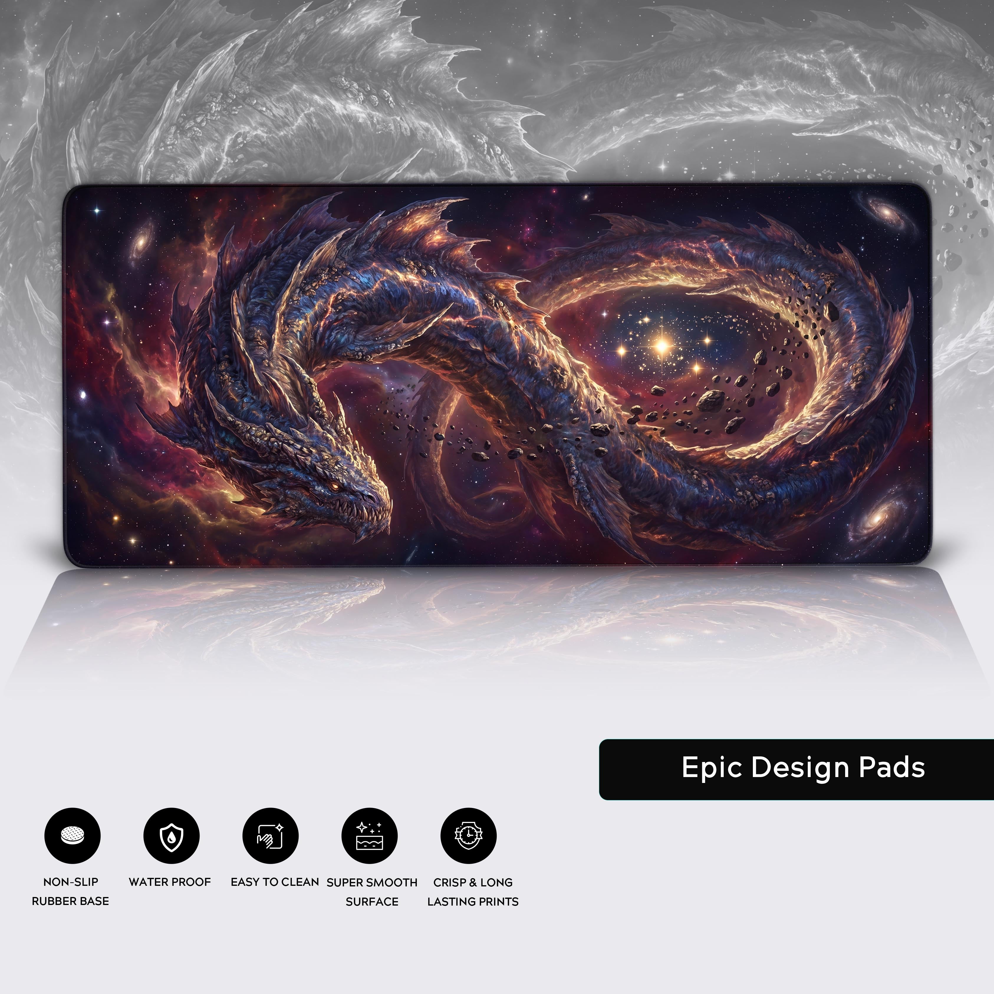 Feature breakdown of the Cosmic Dragon desk mat showing icons for non-slip rubber base, waterproof coating, easy to clean surface, and crisp prints.