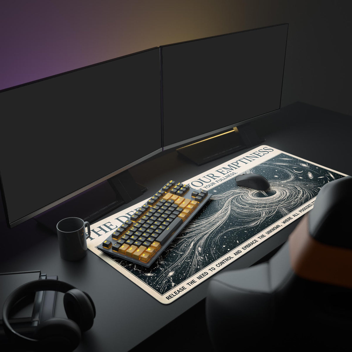 A clean, modern computer setup featuring the Cosmic Emptiness XL mouse pad, which displays a vintage space and black hole illustration. - Epic Design Pads & Mousepads