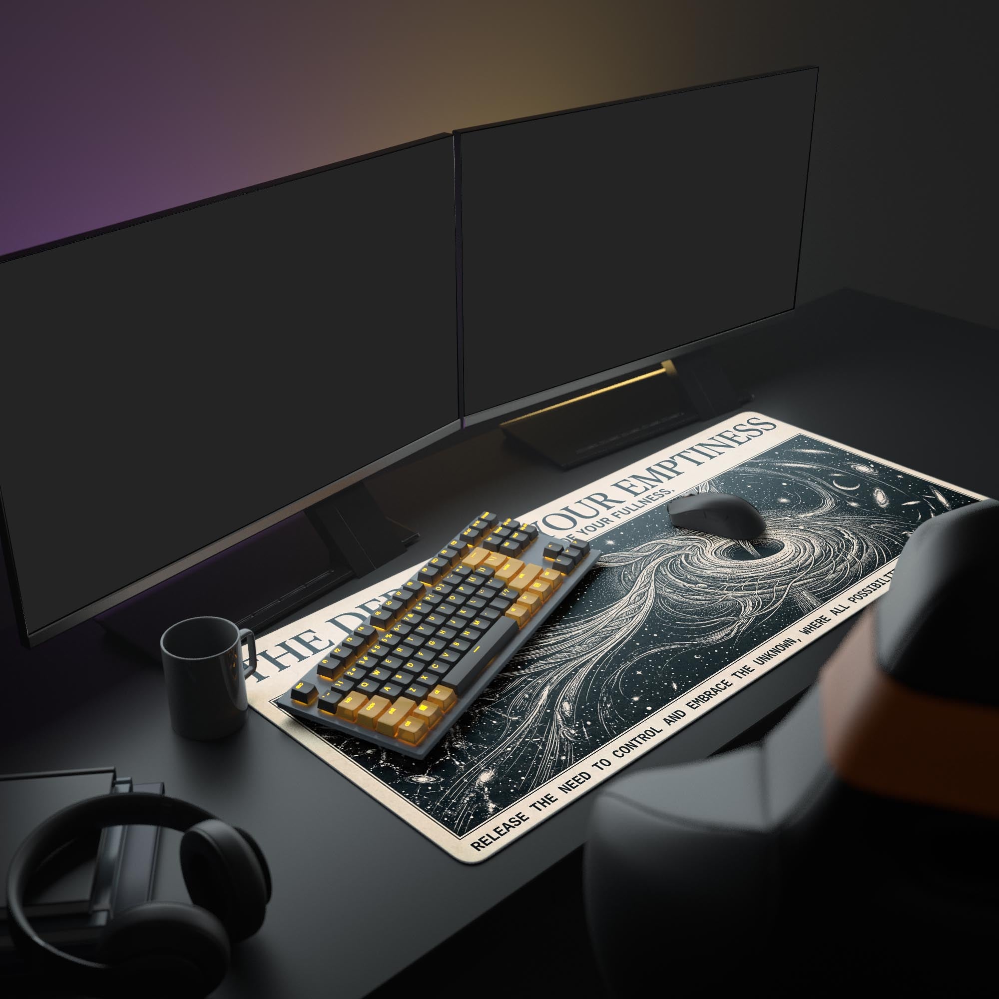 A clean, modern computer setup featuring the Cosmic Emptiness XL mouse pad, which displays a vintage space and black hole illustration. - Epic Design Pads & Mousepads